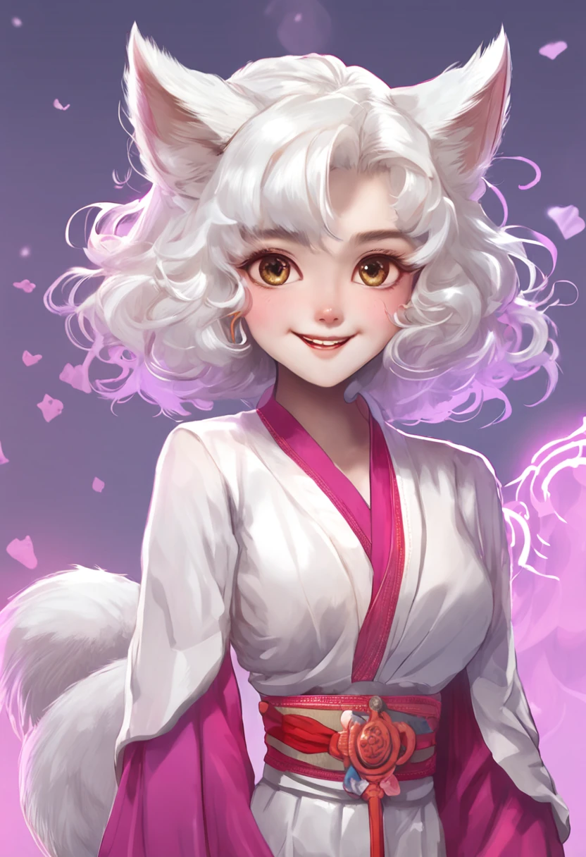 1girl in, Fox fur, Furry, Round bell hair ornament、Smiling expression、Straight ahead, (White fox ears), kimono, Portrait, Purple background, Short hair, (bright white hair) Curly hair, (((hair over eyes))), Highest Quality, Adult, masutepiece, absurderes, (Furry:1.5), Curve, ???, Foxtail, (けもの:1.4), Saturated color, :P-side