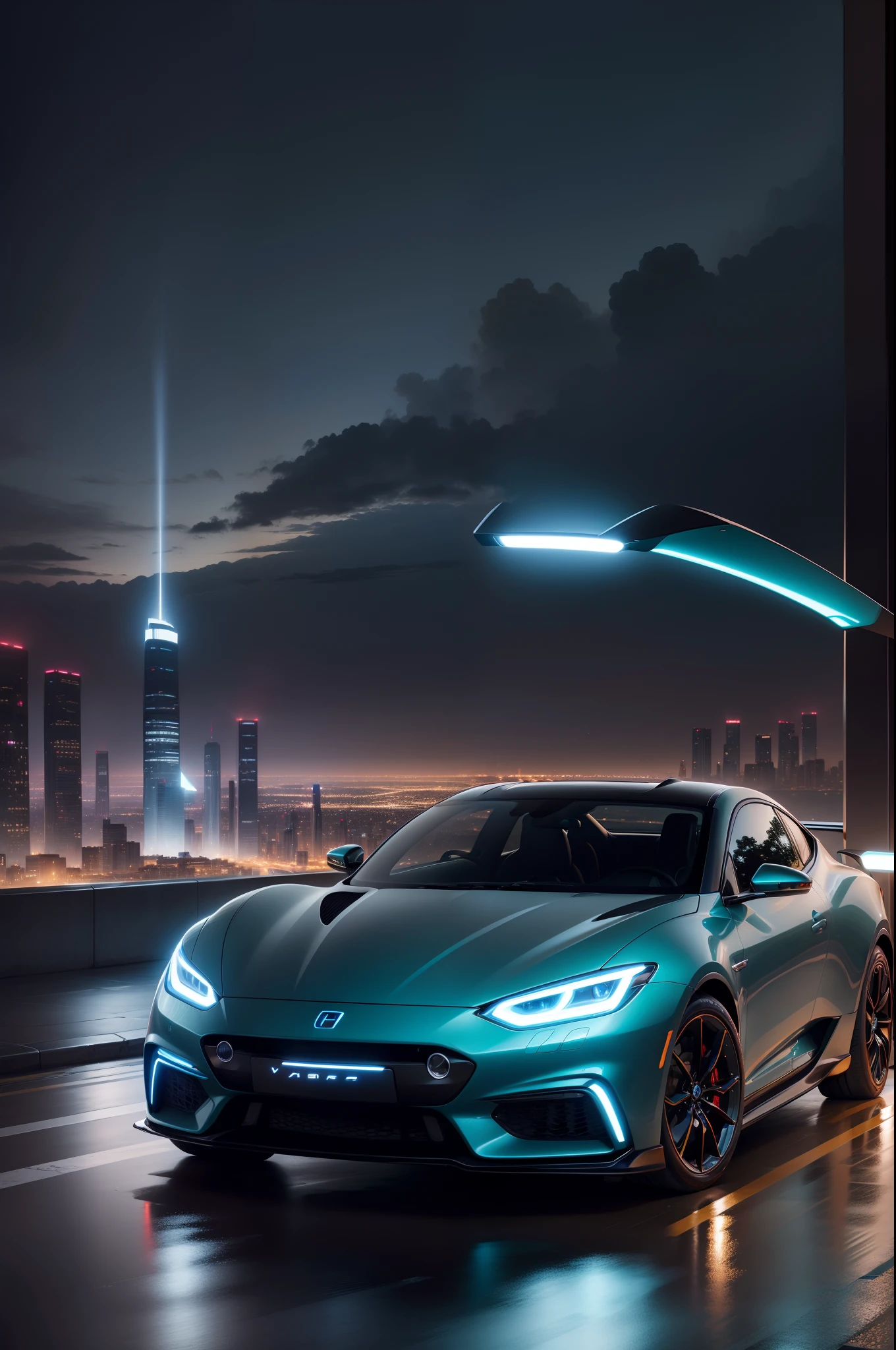 A sophisticated electric car gliding through a futuristic cityscape、Bright headlights contrasting with the dark night sky