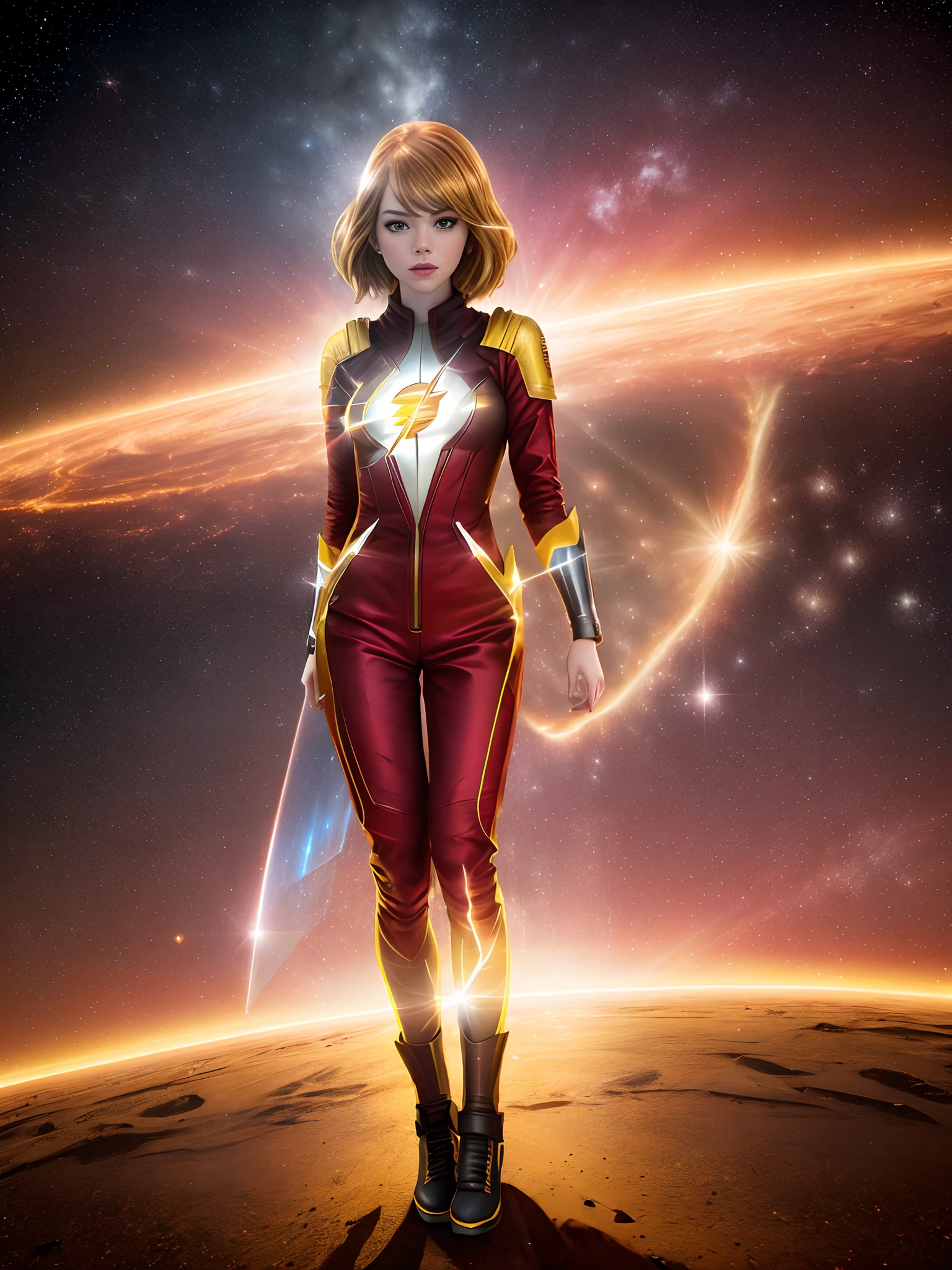Emma Stone cosplay de o flash | | |, uniforme de armadura vermelha, no fundo uma cidade, detalhes ultra, Ultra realista, cinemactic, octan render, 16k,(((Red jumpsuit with yellow ray on the chest))) Correndo em alta velocidade