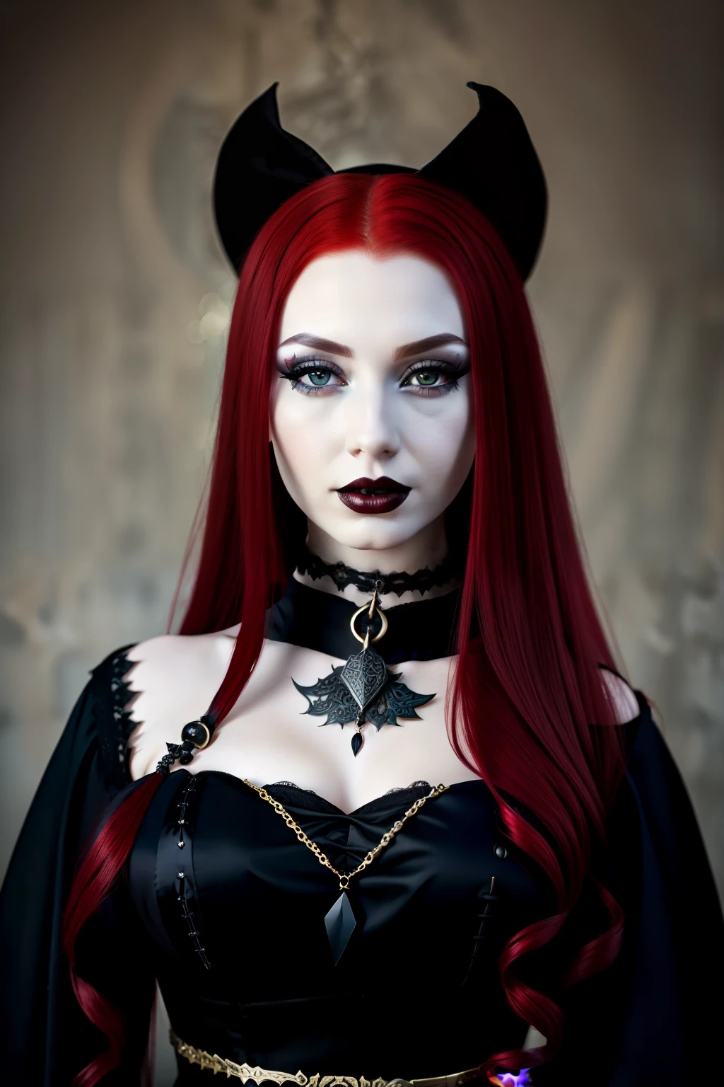 mulher arafada com cabelo ruivo e um estrangulamento com um colar, 1 5- year - YOUNG!!! goth girl, com olhos esclerais pretos, com cabelos longos e olhos penetrantes, pale goth beauty, very beautiful goth top model, cabelos vermelhos carmesim e olhos vermelhos, goth girl, wearing goth makeup, goth makeup, com longos cabelos ruivos, gothic maiden, Young and beautiful, with no lipstick and naturally colored lips.