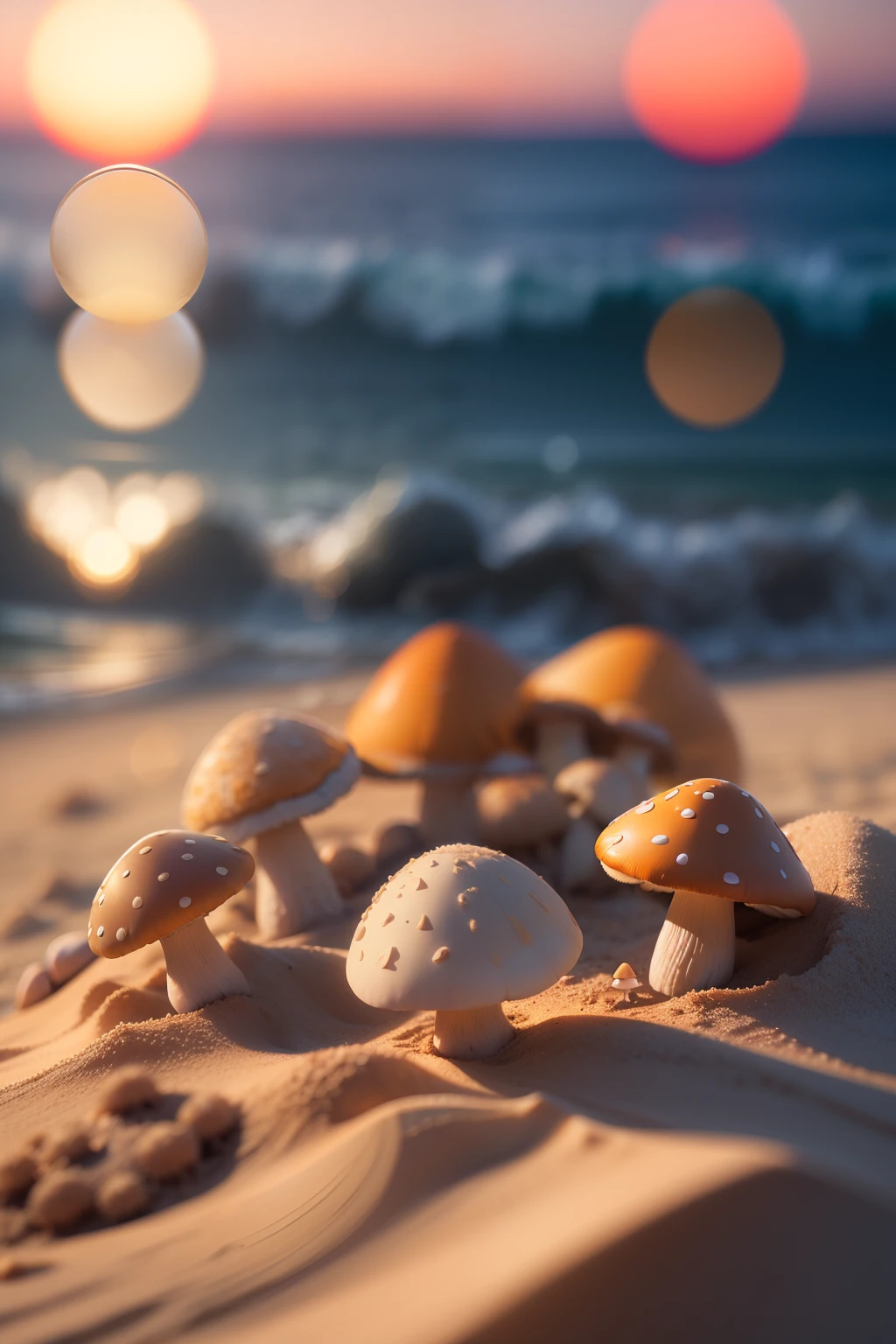 Lots of Mushrooms, Beach Sand, Magic Dream, Afternoon, Sunset, Extremely High Detail, Shallow of Field, Cinematic Lighting, Ray Tracing, Backlit, First Person Perspective, Behind, Bokeh, F/2.8, 135mm, hyper HD, 4k, high resolution