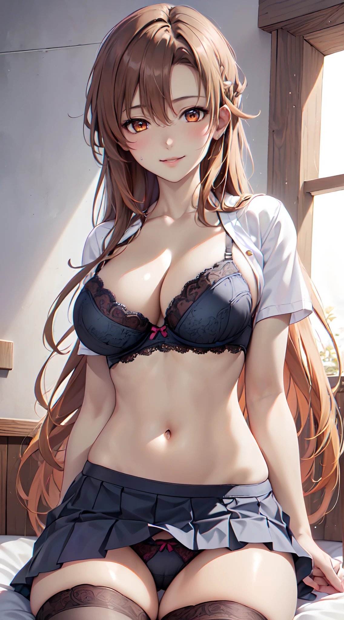 Official art、(Highly detailed CG Unity 8K:1.5)、Perfect litthing、colourfull、Bright Front face Illuminating,(Curve,Model,glamor:1.5),(Realistic, hyper realisitic:1.5),(Sleeping on your back in bed:1.5),(hand between legs:1.5),
(Master Pieces:1.5), (best_quality:1.5), Super Hi-Vision, super detailing,upper view, Sweat,(Seductive smile:1.4),
Photo Shot,hight resolution,(absurderes:1.2)、Kodak Portra 400、film grains,(lensflare:1.2)、(vivd colour:1.5),
(cowboys_shot:1.4),during daytime、Sunsight,Face up,(Asuna),(Asuna Yuki:1.5),(from below looking up:1.5),
(Orange Eyes:1.4)、partedbangs,beutiful breast、perspiring、(Solo:1.5),on the beds,(neat figure:1.5)
(a 1 girl:1.5)、18year old、High school students、Beautiful Finger、beautiful long leg、Beautiful body、Beautiful nose、Beautiful character design、Perfect eyes、face perfect、a navel、Beautiful hair,Sweat,Animated,cleavage, (Exquisite cloth,beautifully detailed eyes:1.3), (Portrait),(School uniform, Blazer, Cardigan, Jacket, Short sleeves, Dark blue pleated skirt, White shirt:1.5),(Unbutton only the top of the shirt......,Underwear visible through the gap in the shirt:1.5),(dark orange hair:1.5),
(lovly、Large breasts:1.5)、(Beautiful face:1.5),(narrowwaist:1.3),delicate patterns,intricate detailes,Smooth Anime CG Art,Beautiful anime girl,charming anime girls,The best girls in anime,beautiful anime woman、oppai、Ecchi anime style、lascivious,(Exquisite cloth,Ren Hao,Lace-trimmed bra,Lace-trimmed legwear:1.4),delicate patterns,intricate detailes,red blush,shinny skin,oestrus,(Black stockings:1.4),(Style image of woman in black underwear:1.5),(Black panties:1.4),A seductive anime girl、Small curved 、Smooth Anime CG Art、beautiful alluring anime teentorealistic anime girl render、beautiful alluring anime woman,Soft lighting、Beautiful anime girl、charming anime girls、Perfect body with realistic shading、