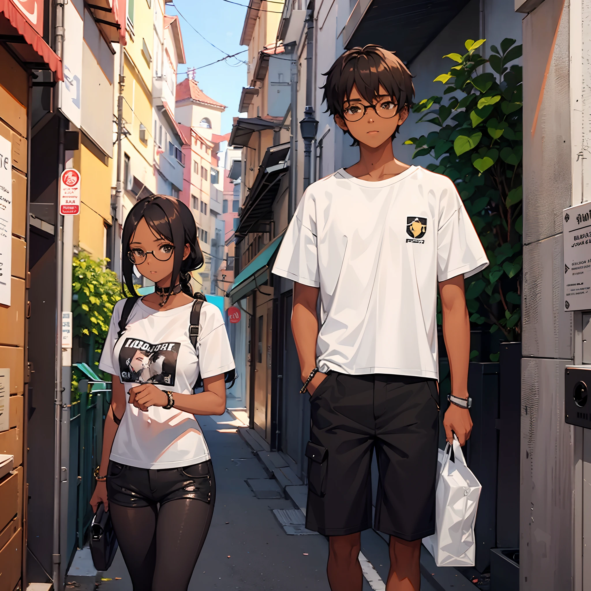 Alley,1girl,walking,black skin,girl,long black hair,brazilian,black eyes,round glasses,medium boobs,medium hips,photo,standing,ripped shorts,black cropped