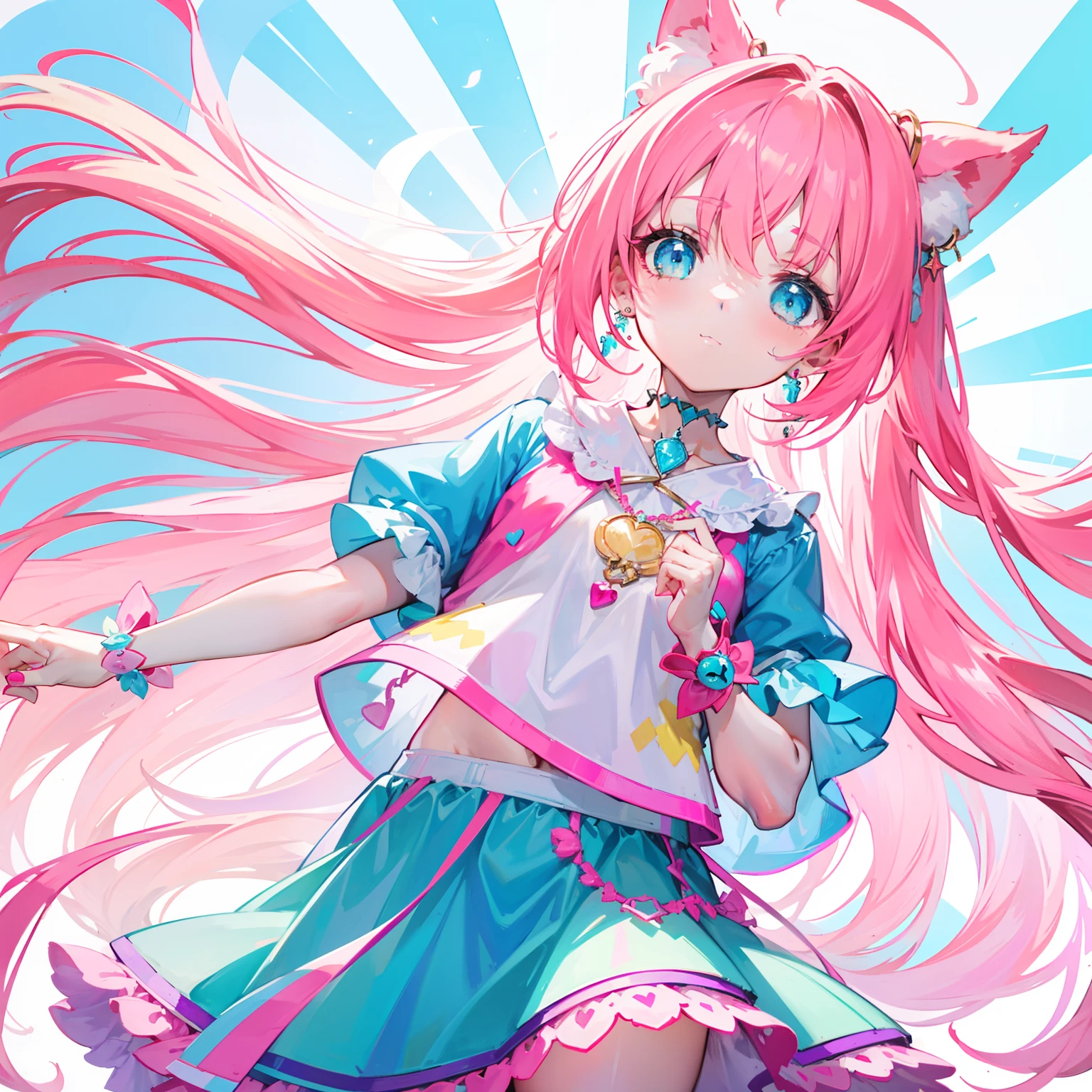 Colorful light background,long whitr hair,Has a bright pinkish-purple transparent gum texture,In pink、Wear yours with blue and white,yellow and greens,Cyan matching accessories pendant decoration,This is a very sweet and sweet girl