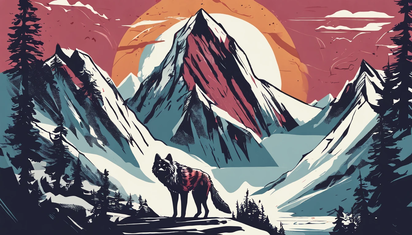 MAKE A HAND-DRAWN IMAGE OF A FEROCIOUS WOLF ON A MOUNTAIN.