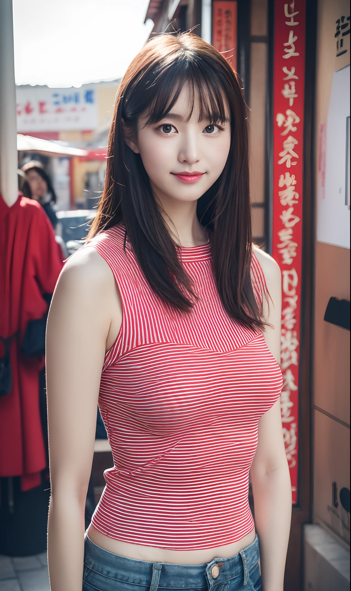 realistic photos of (1 cute Korean star) straight hair, white skin, thin makeup, 32 inch breasts size, slightly smile, wearing  red and blue striped, crop top, walking in China town, Chinese temple is backdrop, Art Deco, upper body portrait, UHD