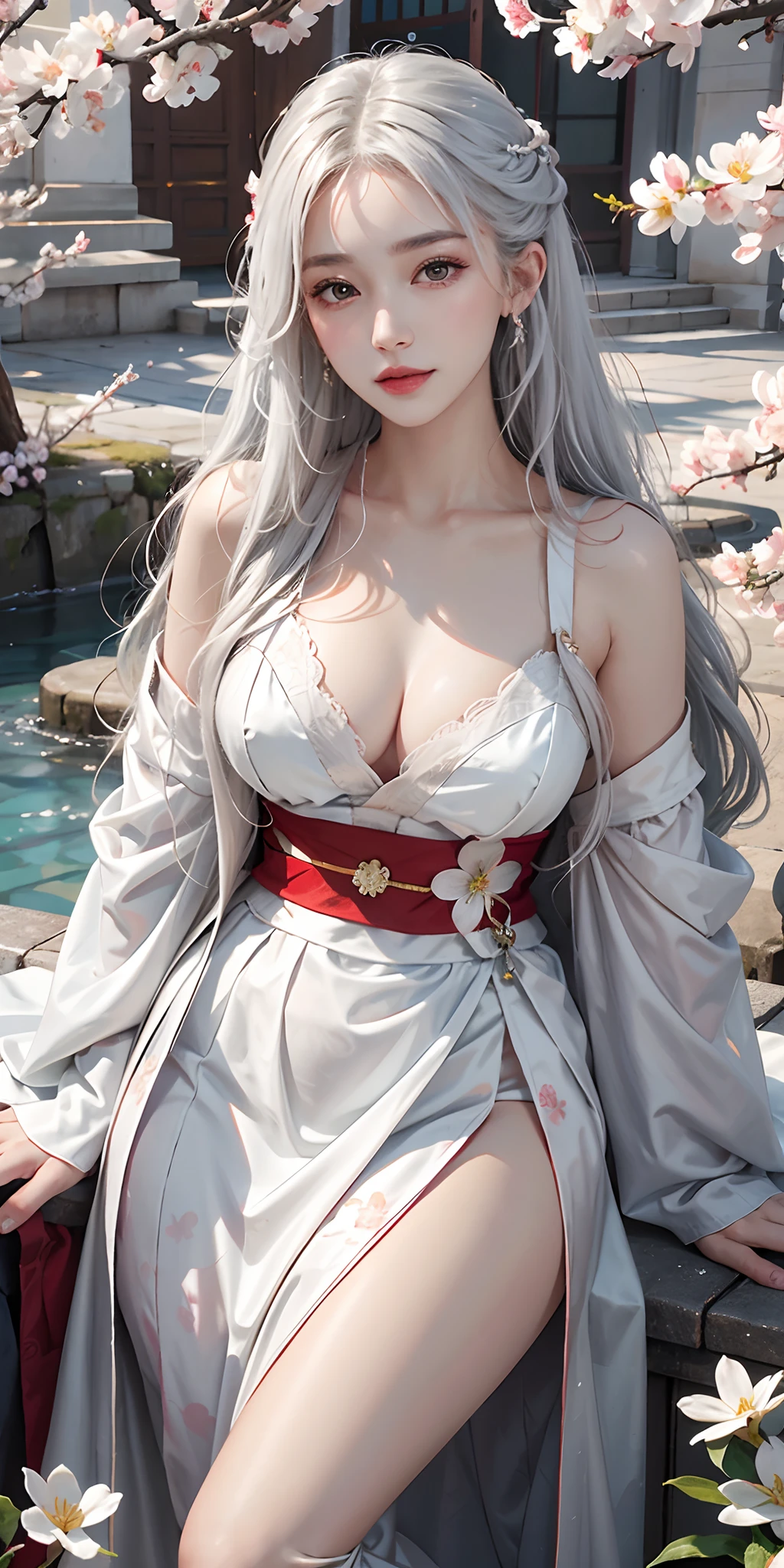 photorealistic, high resolution, soft light,1women, solo, hips up, shining skin, (detailed face),tattoo, jewelry, wedding hanfu, full red clothes, white hair, cherry blossom, night, white wavy hair, Beautiful Soldier, Eyes That Invite Viewer, Lover's Perspective, Inviting Expression, Sexy Smile, Perfect Style, Perfect Balance, Detailed Skin, Naughty Gaze, Chest Visible