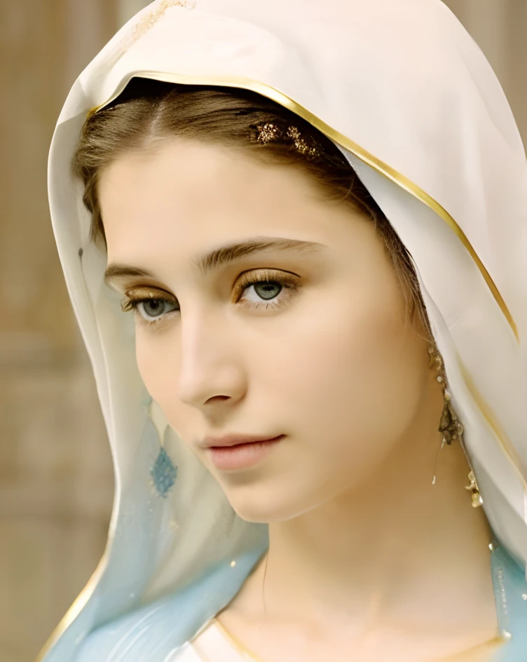 (((Blessed Virgin Mary. 19 years old))) ((( Con una cara seria y piadosa. Con una mirada dulce y tierna))) (obra maestra, calidad superior, mejor calidad, arte oficial, beautiful and aesthetic: 1.2), (1girl), extremadamente detallado, (Arte fractal: 1.3), colorido, highest detailed, Cara perfecta, parte superior del cuerpo, HDR, (orando: 1.3), (golden lines of white coat: 1.2), galaxia, (rayas de luz), eye-catching visuals, (dynamic stripes, senderos luminosos: 1.2), colores vibrantes,
