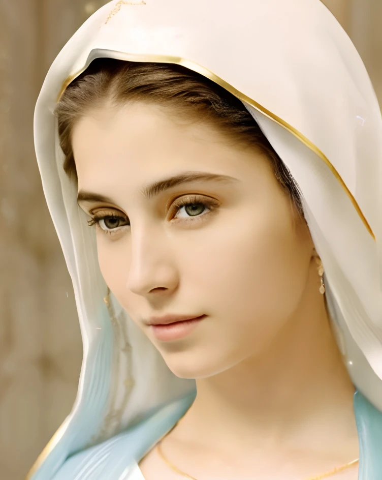 (((Blessed Virgin Mary. 19 years old))) ((( Con una cara seria y piadosa. Con una mirada dulce y tierna))) (obra maestra, calidad superior, mejor calidad, arte oficial, beautiful and aesthetic: 1.2), (1girl), extremadamente detallado, (Arte fractal: 1.3), colorido, highest detailed, Cara perfecta, parte superior del cuerpo, HDR, (orando: 1.3), (golden lines of white coat: 1.2), galaxia, (rayas de luz), eye-catching visuals, (dynamic stripes, senderos luminosos: 1.2), colores vibrantes,