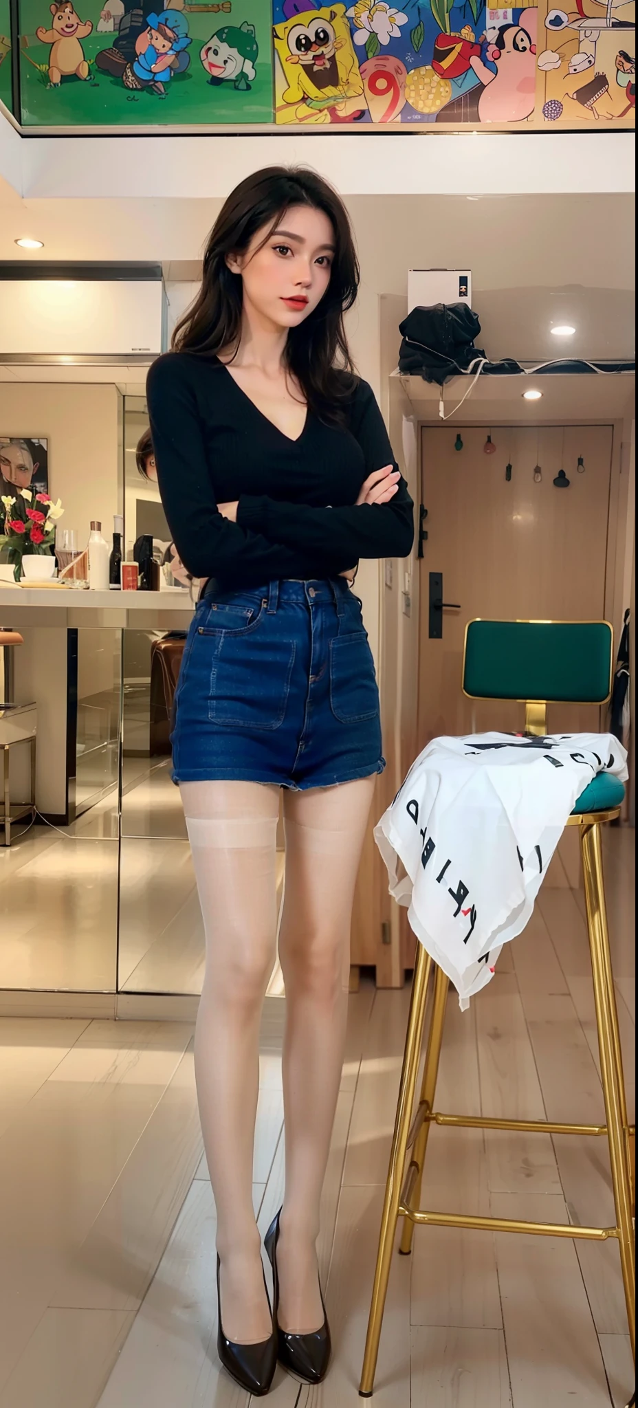 AS-Adult,Craving sexual,medium wind_herself,(best qualtiy,A high resolution,tmasterpiece:1.4),A tall and beautiful woman,Dark brown hair in loose wavy styling,nedium breasts,wearing flesh-colored pantyhose,Flesh-colored pantyhose,Wear clear flesh-colored pantyhose,Wear transparent pantyhose