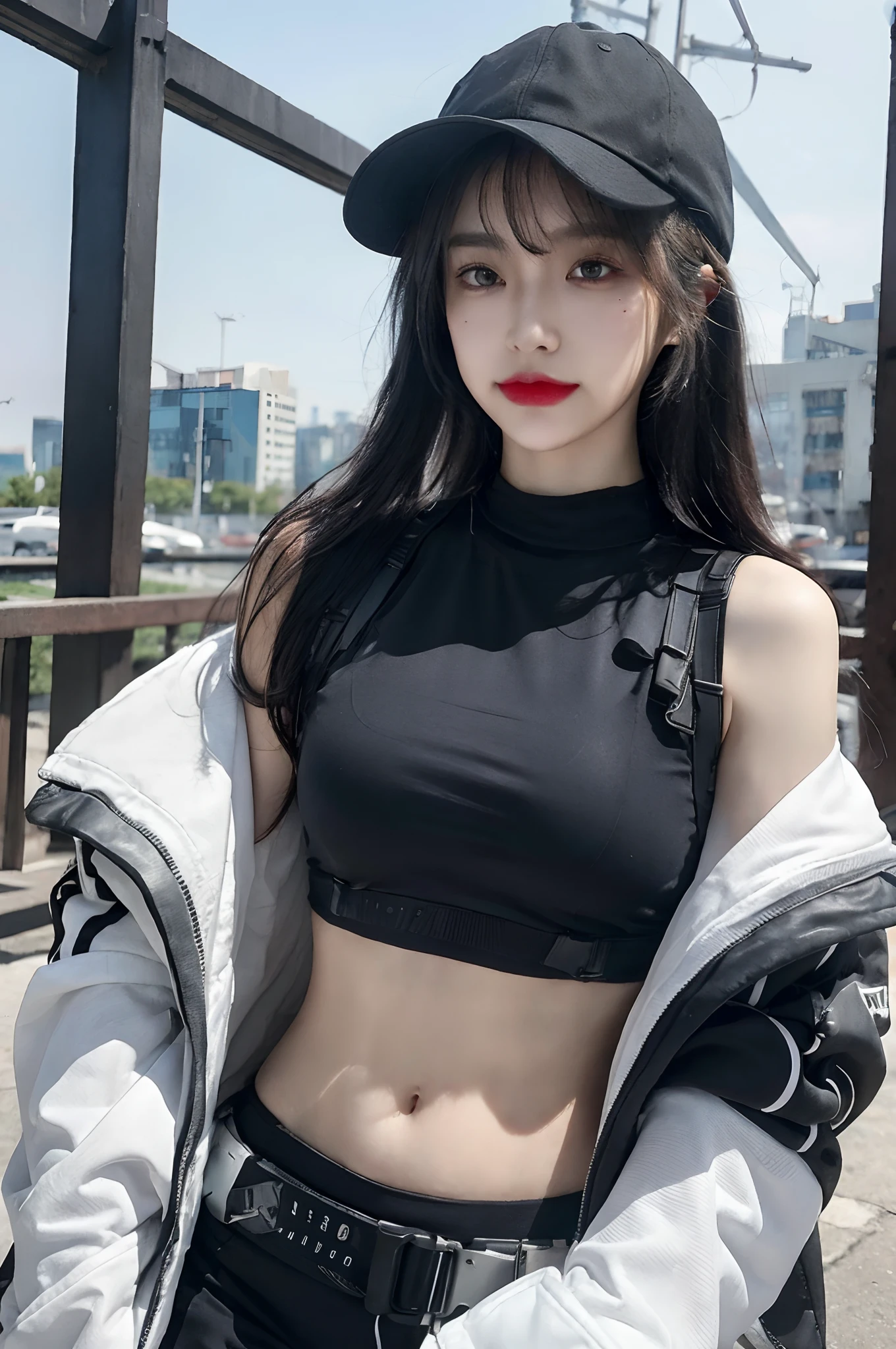 arafed asian woman in a black top and black pants posing for a picture, inspired by Leng Mei, photograph of a techwear woman, model is wearing techtical vest, dreamy cyberpunk girl, korean girl, cyberpunk 2 0 y. o model girl, she is wearing streetwear, sexy :8, tifa lockhart, ulzzang, trending on cgstation,  moles under left eyes, earring best quality, Japanese woman, large breasts, very short bob hair,upper body, A beautiful woman with perfect body:1.4, Slim abdomen:1.2, (full body:1.6), ultra-detailed face, delicate eyes, double eyelids, soft breasts, charming expression, huge breasts, perfect body, hat,