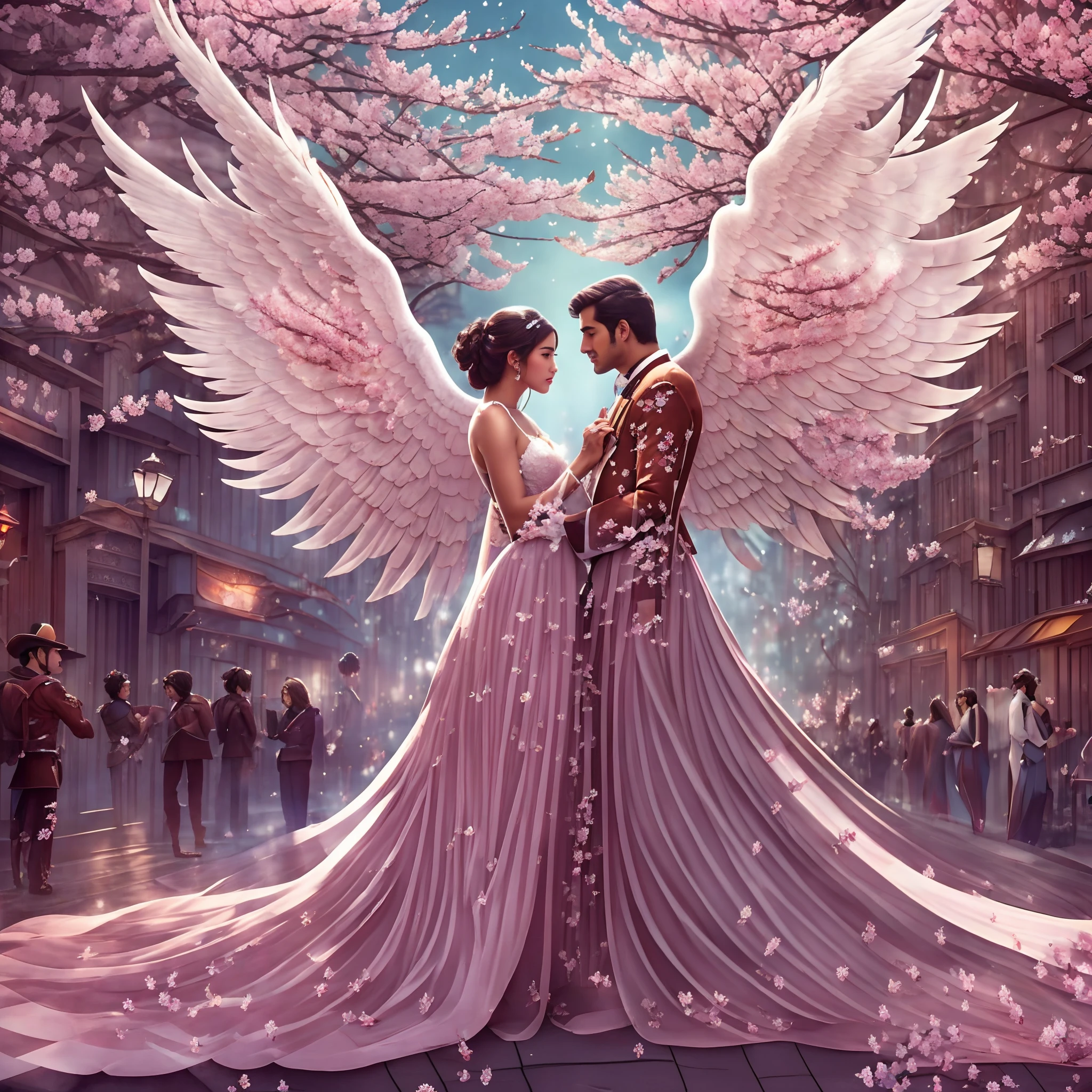 "Two mesmerizing beings, an angel (breathtaking beauty woman) and a devil (dashing and courageous man), with magnificent and majestic wings sprouting from their backs, dressed up in fashionable attire. The background is adorned with a philosophical message, where a partially bitten apple falls. It is a love story that starts in the bustling city, as they gaze at each other, reminiscent of their first love, with a touch of sadness. Set in a grand futuristic metropolis, cherry blossoms flutter around." men and women staring at each other, real, ultra high quality, As if this is the center of the world, the two of us romantically cuddle