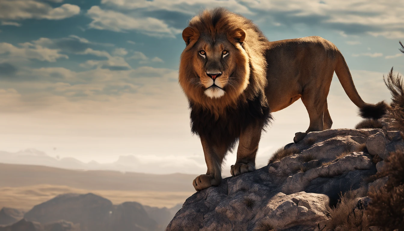 MAKE A HAND-DRAWN IMAGE OF A FIERCE LION ON A MOUNTAIN.