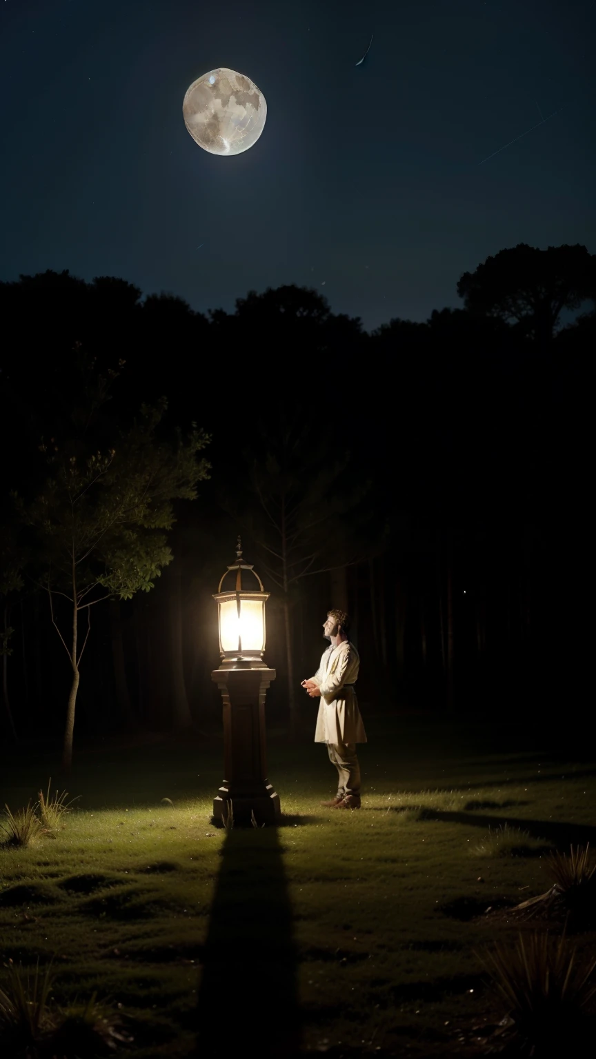Elio y Lila llegan a un claro rodeado de estatuas de animales cubiertas de musgo. La luna llena ilumina la zona, and in the center of the clearing is an empty pedestal