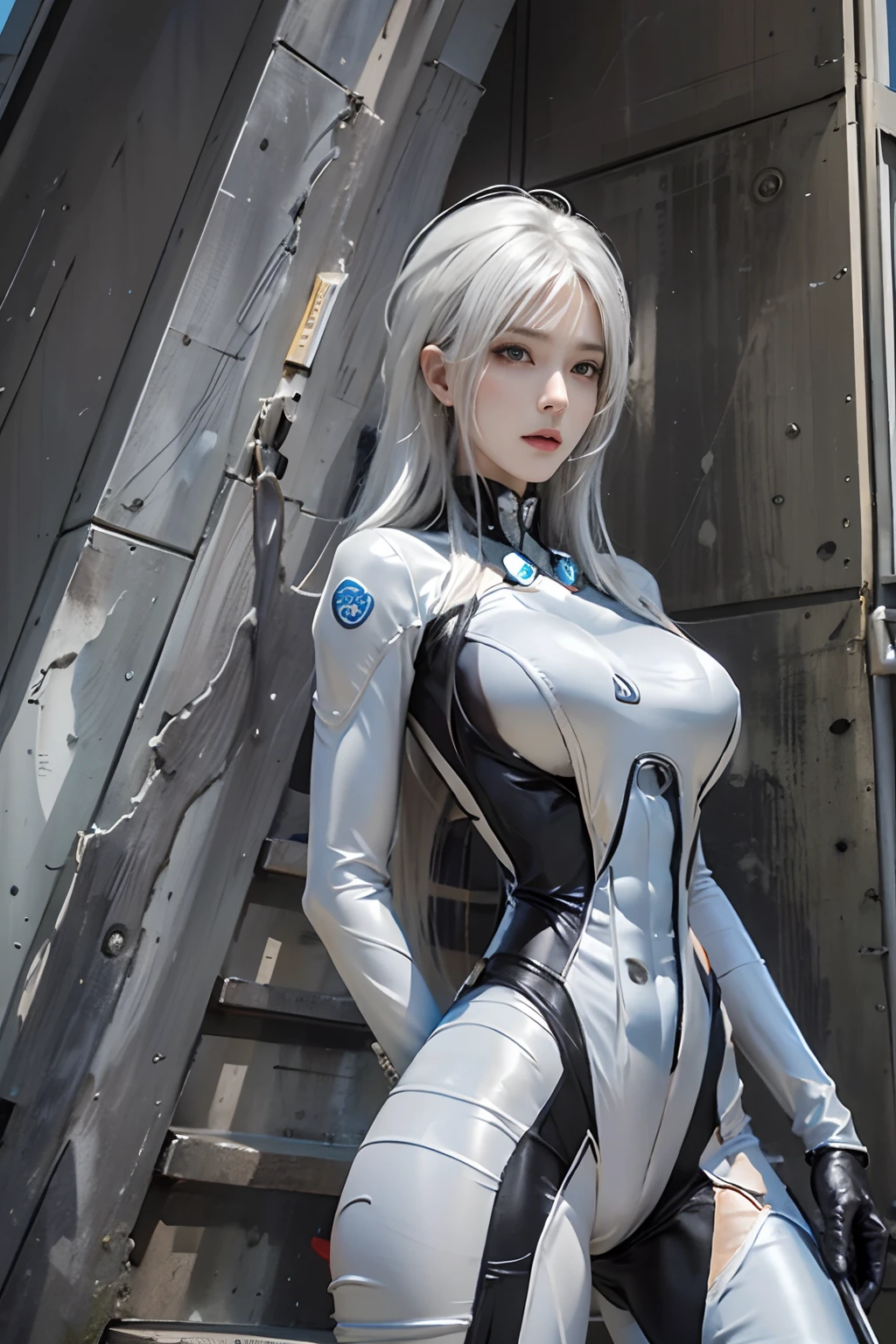Photorealistic, High resolution, 1womanl, Solo, hips up high, look at viewr, (Detailed face), White hair, Long hair, Gantz, reika\(body suit\), Black Suit、Japan Beauty、Real Women、Tall slender beauty