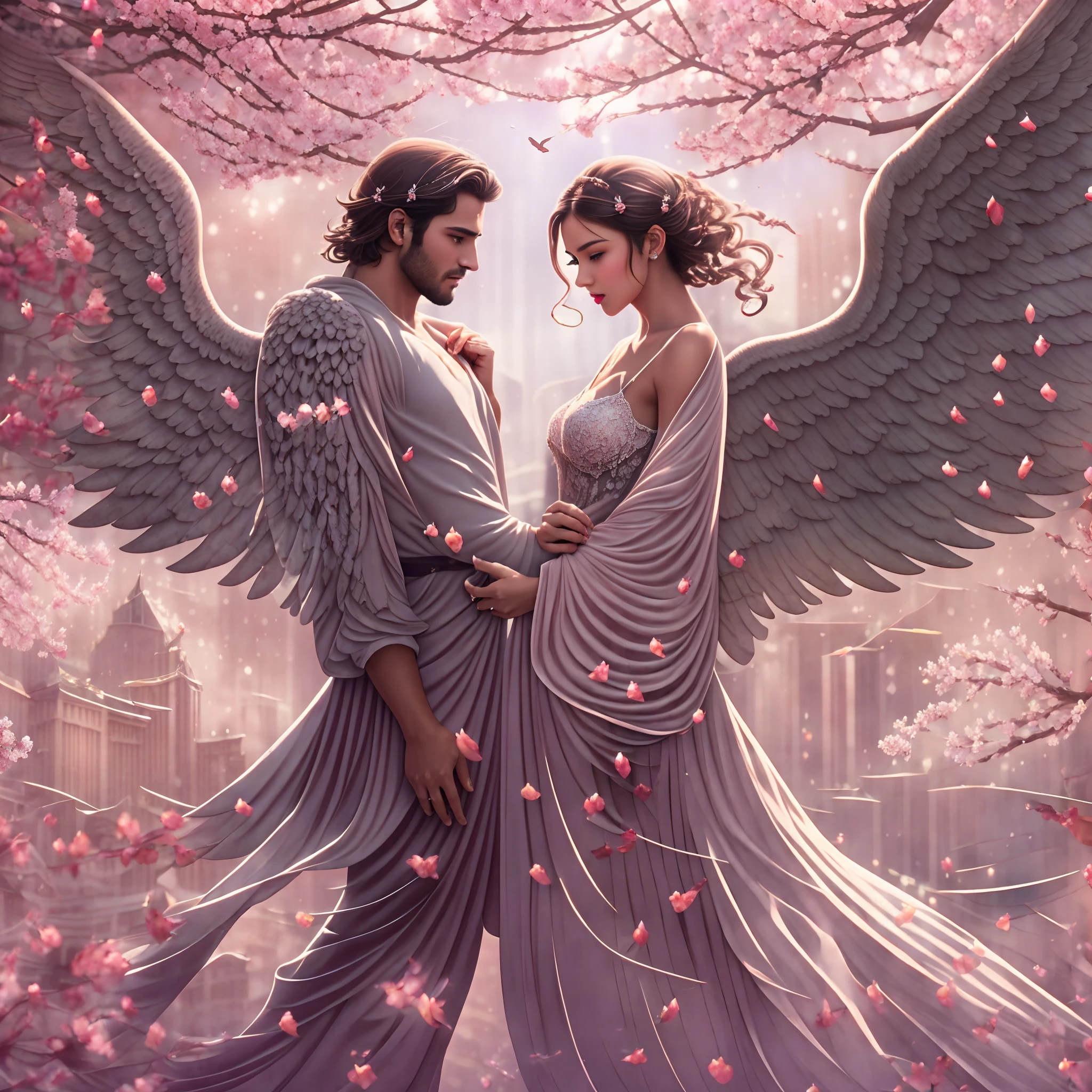 "Two mesmerizing beings, an angel (breathtaking beauty woman) and a devil (dashing and courageous man), with magnificent and majestic wings sprouting from their backs, dressed up in fashionable attire. The background is adorned with a philosophical message, where a partially bitten apple falls. It is a love story that starts in the bustling city, as they gaze at each other, reminiscent of their first love, with a touch of sadness. Set in a grand futuristic metropolis, cherry blossoms flutter around." men and women staring at each other, real, ultra high quality, As if this is the center of the world, the two of us romantically cuddle