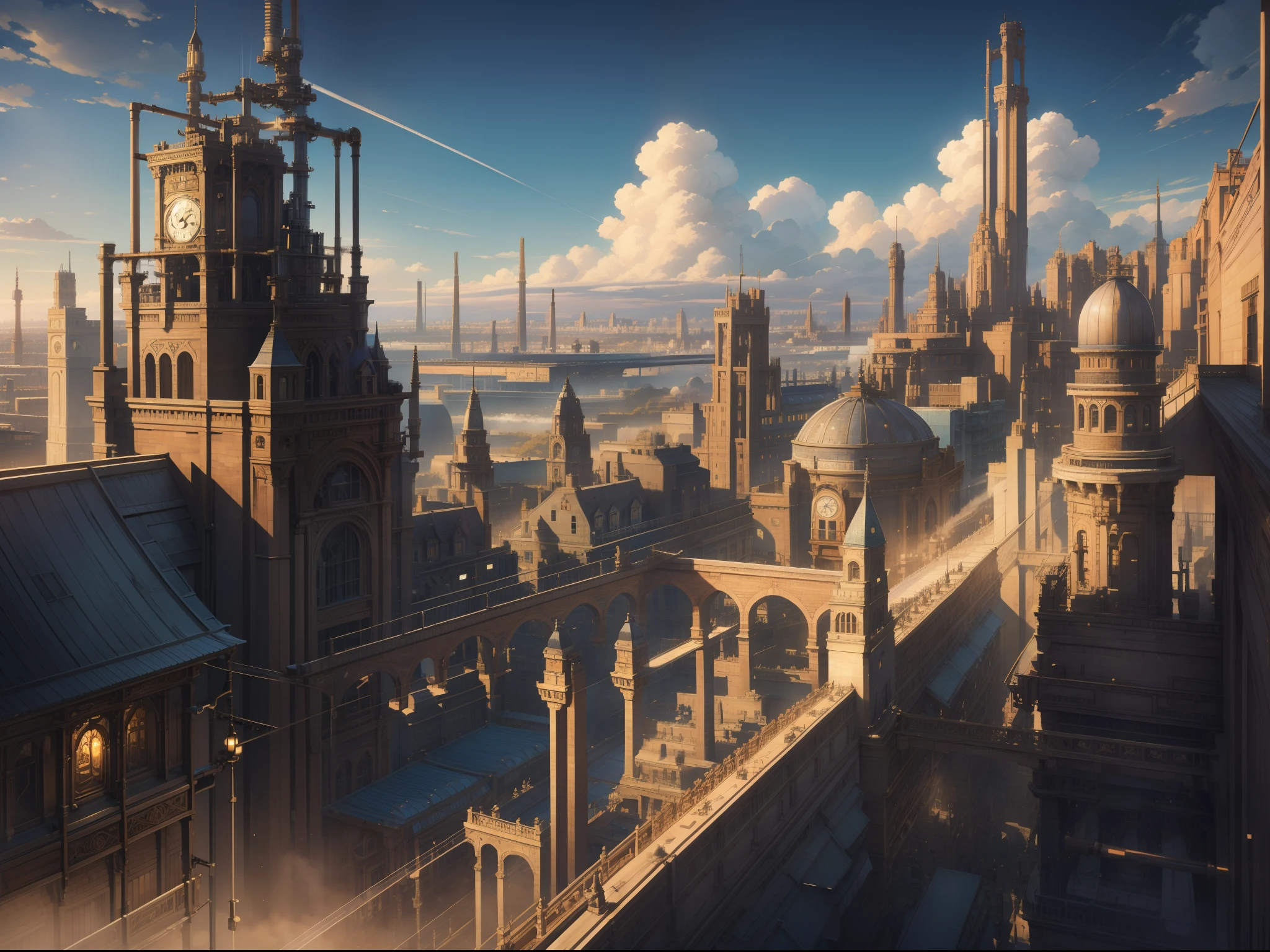 Depicted in detail、Elaborately drawn、Smooth expression、complete works、The sunlight is beautiful、Detailed and meticulously drawn、Overwhelming drawing、A large amount of steam is leaking from the alley、Steampunk-style cityscape built with countless gears, Pipes and clocks、Steampunk-style park、tubing、steams、Pipes with complex structures spew steam、((Industrial metropolis))、Spatial expanse、high sky、Very large clouds in the sky、