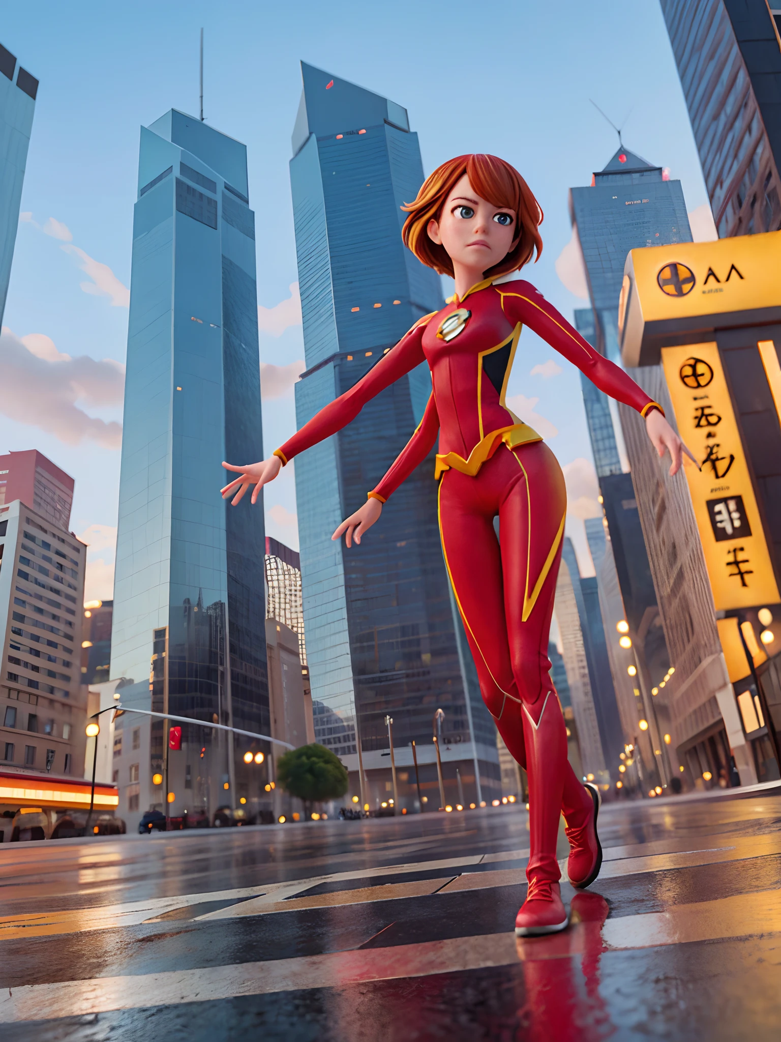 obra-prima, 64 mil, HDR, UHD, alta qualidade, CG, altamente detalhado, Altas, 2D, illustration, ray tracing, (o terno vermelho do flash: 1.1), (Emma Stone vestida de flash correndo na rua principal, Speed force: 1.1),
cidade de Nova York, sky scraper, After the rain,
dinamic angle, olhando para o espectador,