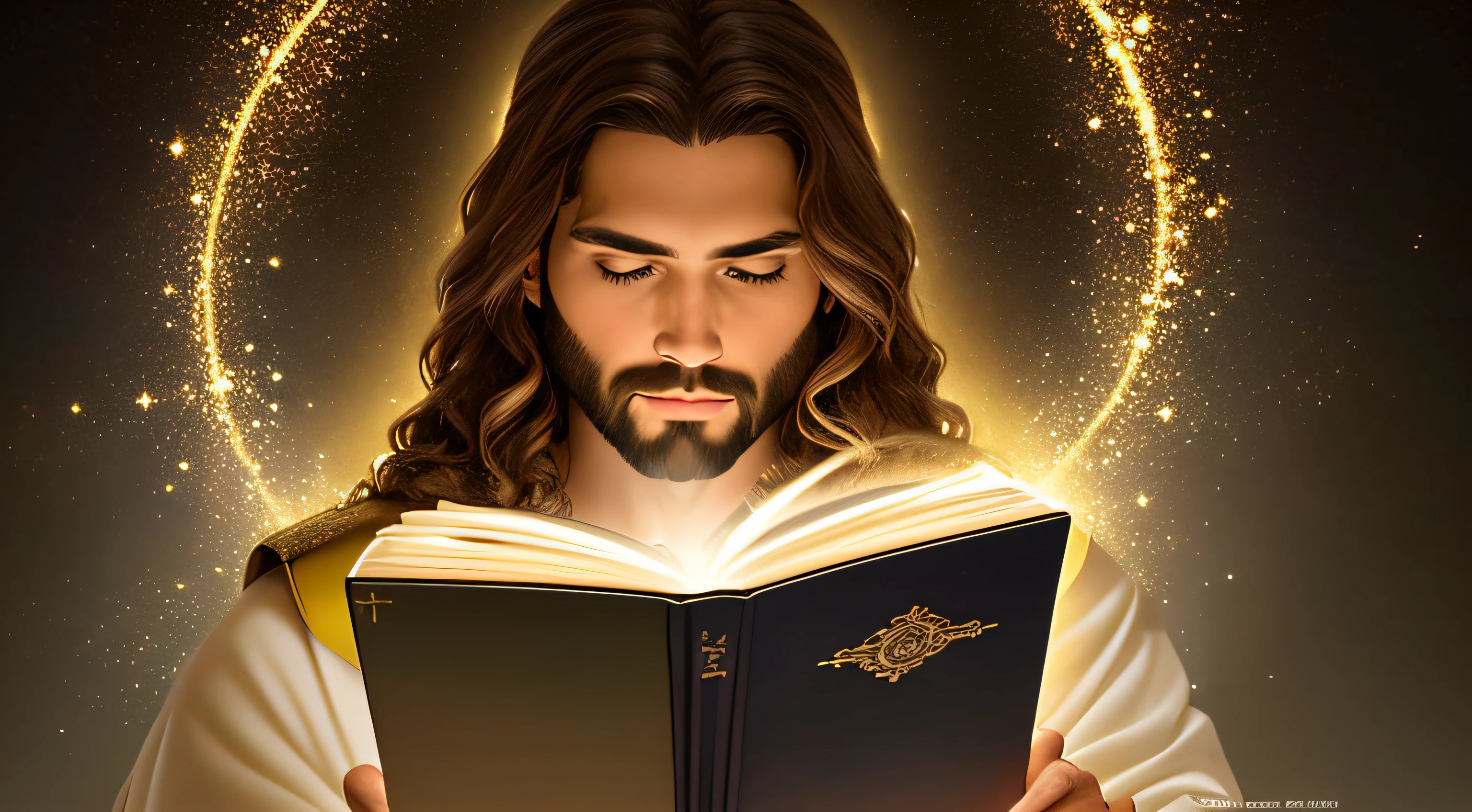 (Alta qualidade: 1.3), Cinematographic shot, obra-prima, (foco nítido: 1.5), (fotorrealista: 1.3), Medium portrait of (Jesus holding a HOLY BIBLE IN A FLASHY SETTING), fundo detalhado, clear lighting, twilight lighting, volumeric lighting, detalhes complexos, UHD,