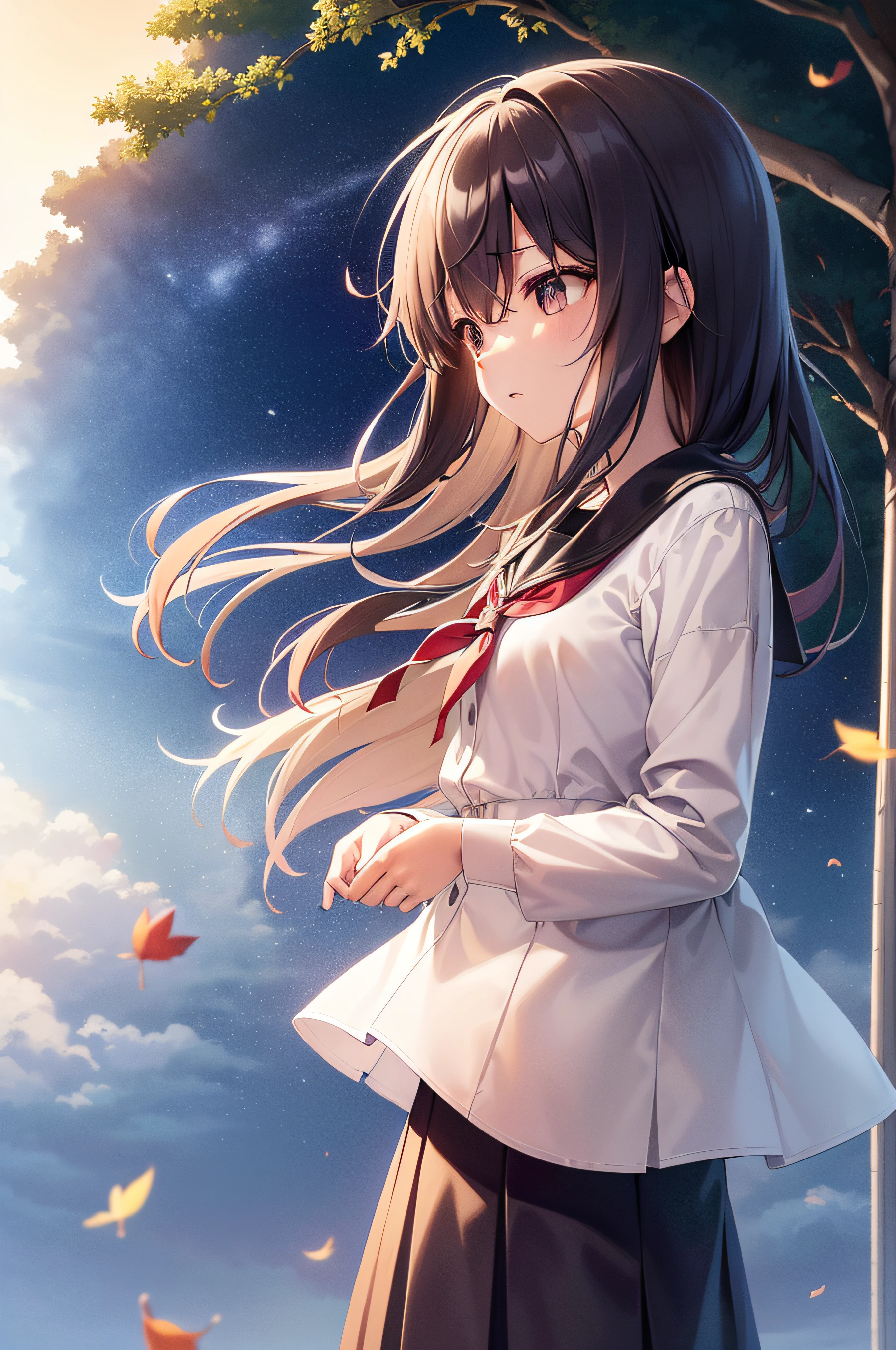 Colored leaves、By Shinkai Makoto、((masterwork)、​masterpiece、top-quality、超A high resolution、8K、realisitic、Highly detailed CG、ultra-detailliert、finely detail、femele、hi-school girl、white  clothes、Transparent skin、Hair swaying in the wind、frombelow、Close-up in profile、animesque、Autumn sky、Tree withering、Dead leaves、1人、Autumn sky looking up directly above、autumnal、beautful view、Beautiful sunset sky、Magic Hour、There is a little wind、Near and far law、