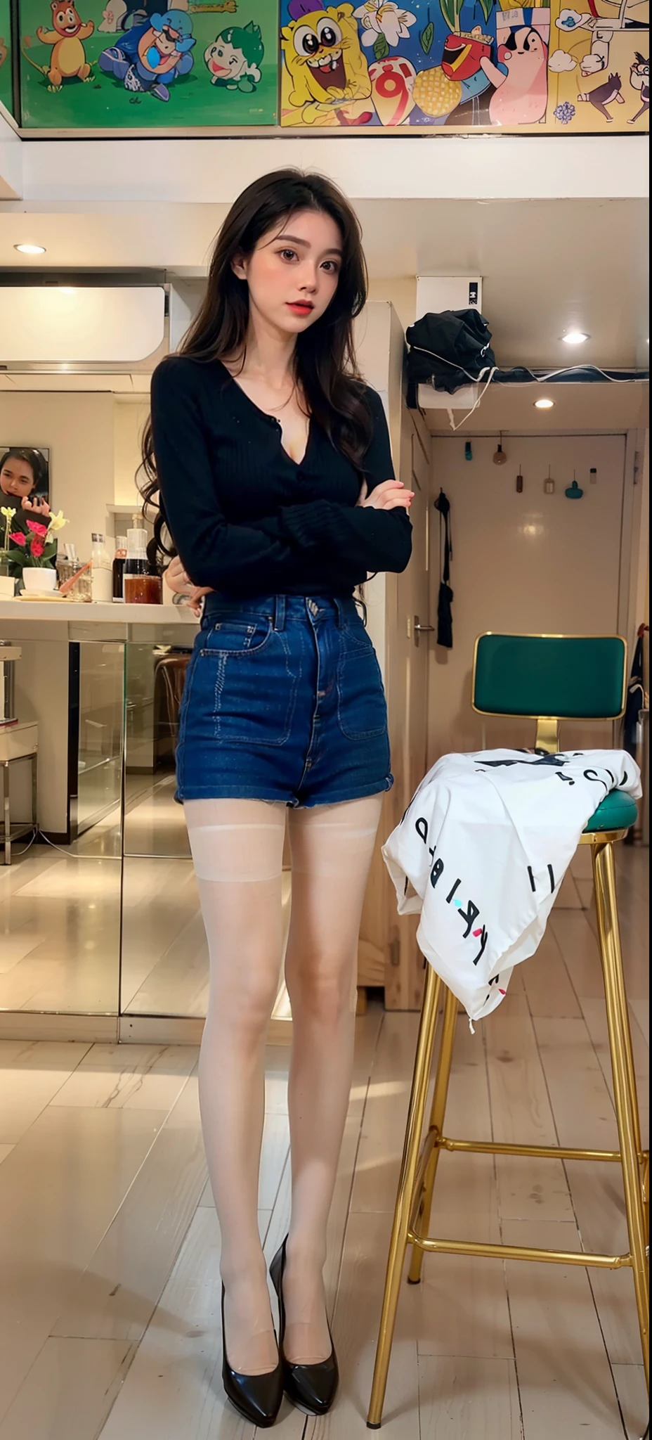AS-Adult,Craving sexual,medium wind_herself,(best qualtiy,A high resolution,tmasterpiece:1.4),A tall and beautiful woman,Dark brown hair in loose wavy styling,nedium breasts,wearing flesh-colored pantyhose,Flesh-colored pantyhose,Wear clear flesh-colored pantyhose,Wear transparent pantyhose