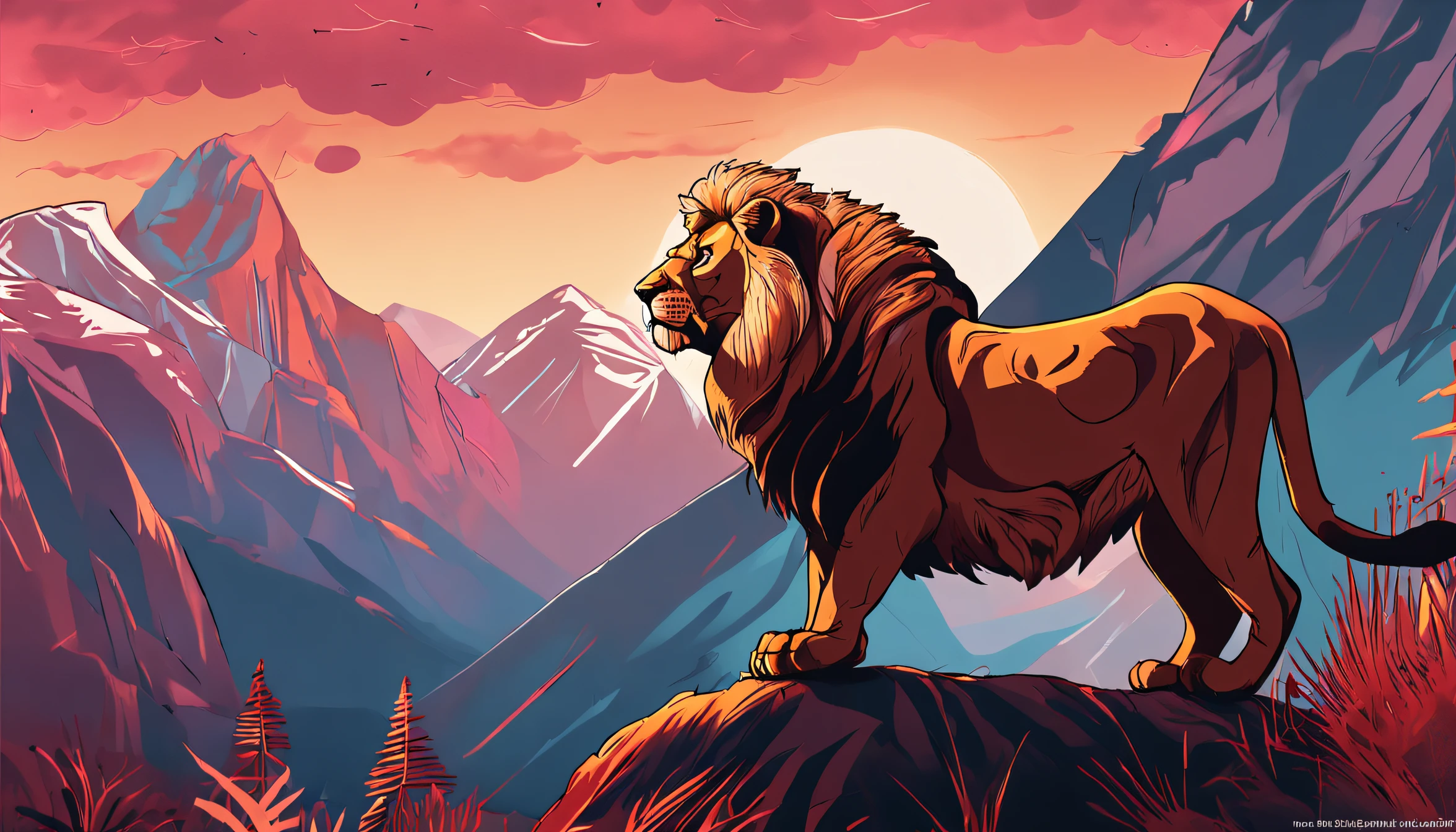 MAKE A HAND-DRAWN IMAGE OF A FIERCE LION ON A MOUNTAIN.