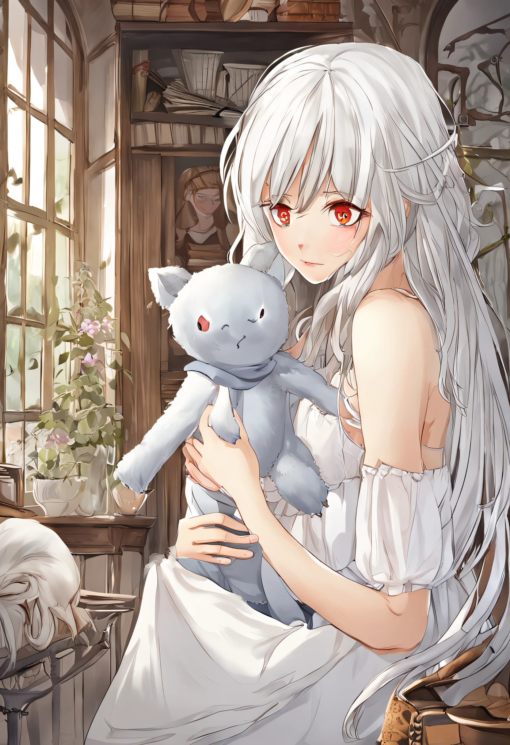 Anime, White hair, Lange Haare, gray, silver, white eyes, bare feet, white shirt, einfarbiges Kleid, in einem Geisterhaus-Horror, Loli, Kind, Kind, petite body, Horror-Filmsequenz, :<, bange, Laufen mit dem blutigsten Monster hinter sich