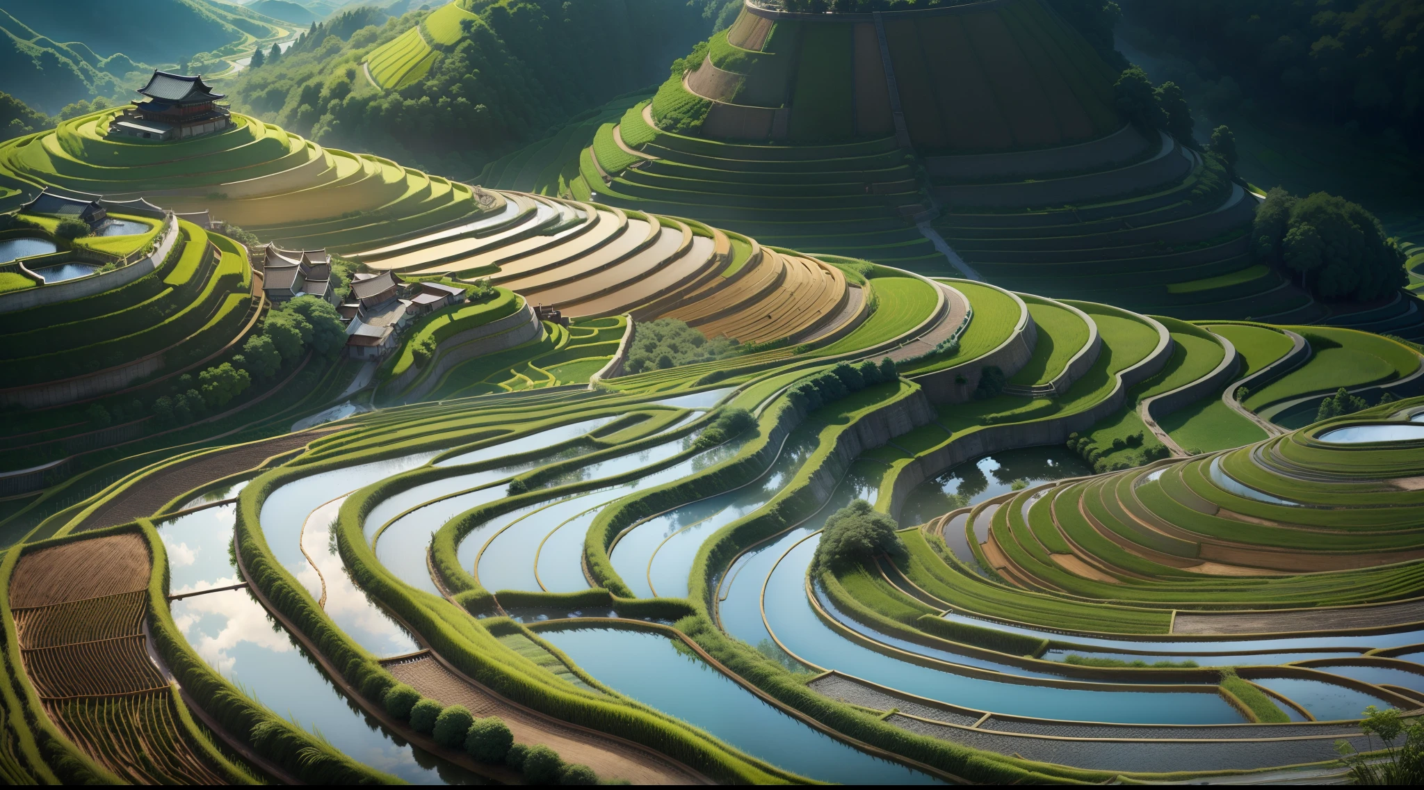 masterpiece、ultimate quallity、Cg unity 8k、Super delicate and beautiful sky and clouds、Rich natural scenery、((blue-sky))、((Rice terraces))、((Blue sky reflected in terraced rice fields))、(rice paddy)、Beautiful green mountains々、Without a trace of a person、amazing view、Already won the photo contest、Background blur、Full depth of field、HDR High Dynamics、Terraced rice fields up、