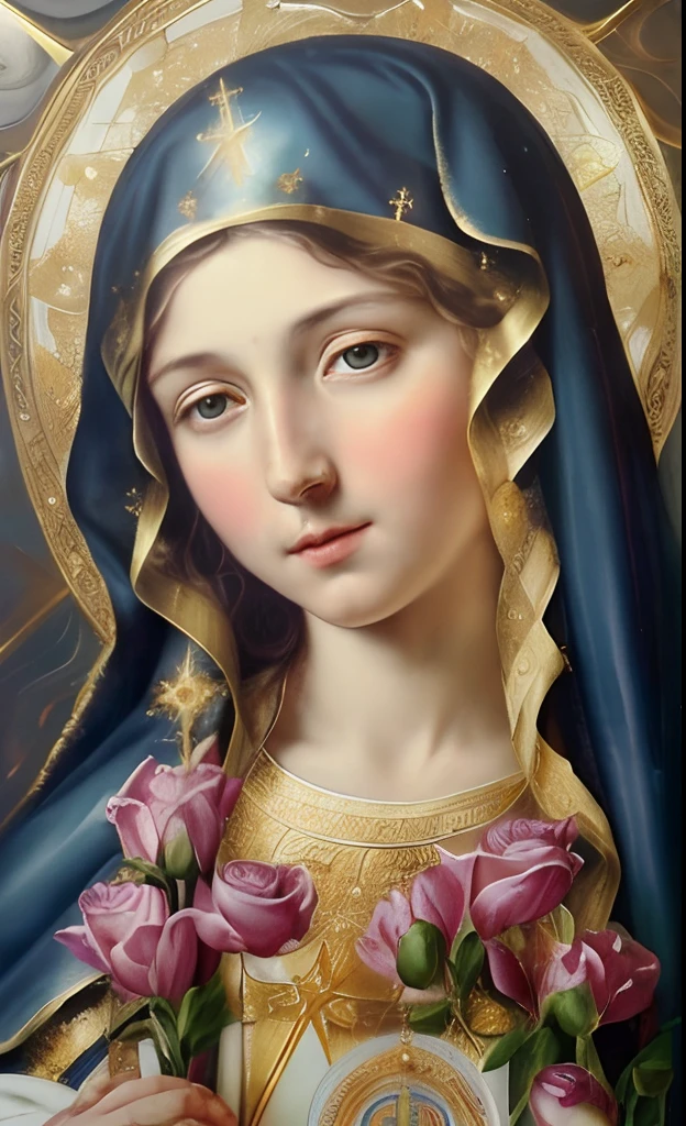 (((Blessed Virgin Mary. 19 years old))) ((( Con una cara seria y piadosa. Con una mirada dulce y tierna))) (obra maestra, calidad superior, mejor calidad, arte oficial, beautiful and aesthetic: 1.2), (1girl), extremadamente detallado, (Arte fractal: 1.3), colorido, highest detailed, Cara perfecta, parte superior del cuerpo, HDR, (orando: 1.3), (golden lines of white coat: 1.2), galaxia, (rayas de luz), eye-catching visuals, (dynamic stripes, senderos luminosos: 1.2), colores vibrantes,