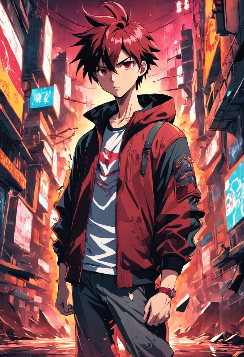 Vector T-shirt Art ready to print dark red graffiti illustration of a young man, cyberpunk, perspectiva frontal, action shot, Color vibrante, High detail
