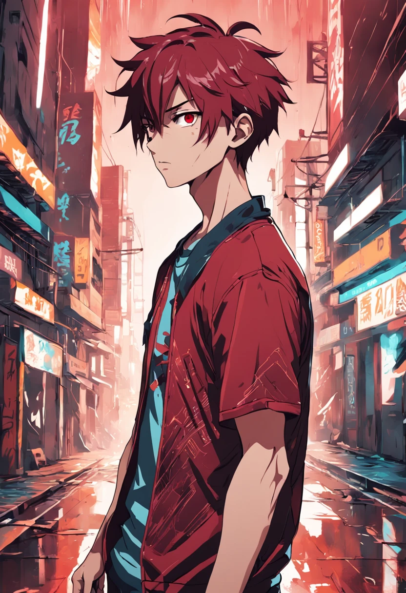 Vector T-shirt Art ready to print dark red graffiti illustration of a young man, cyberpunk, perspectiva frontal, action shot, Color vibrante, High detail