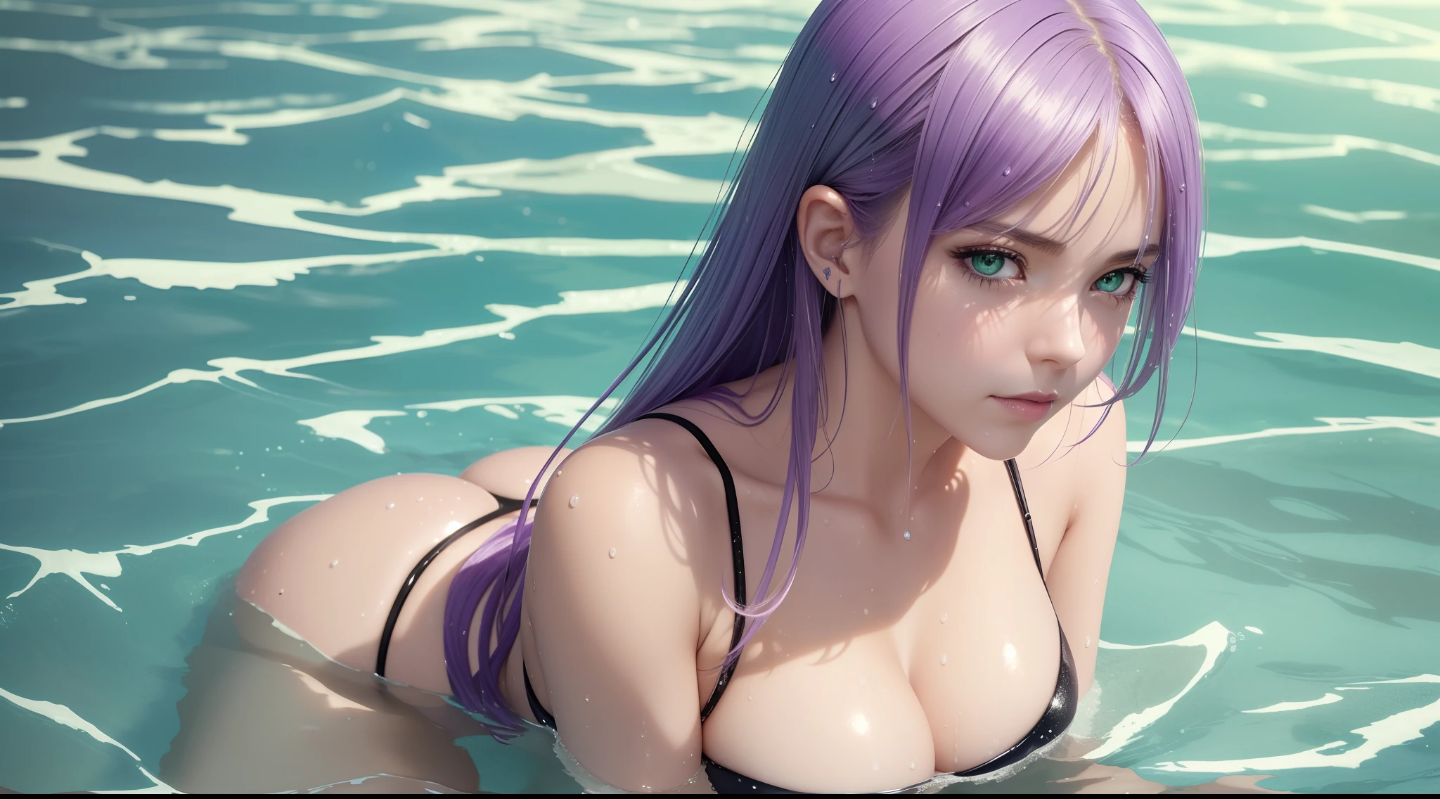 1girl, green eyes, long light lilac purple hair, dripping wet, soaking wet, laying in shallow water at beach, big boobs, cleavage, black bikini, off center, sitting to the side of the photo, sunny, small waist, beach, close up, realistic, detailed eyes, extra space off to the side, character off center, character to side of image