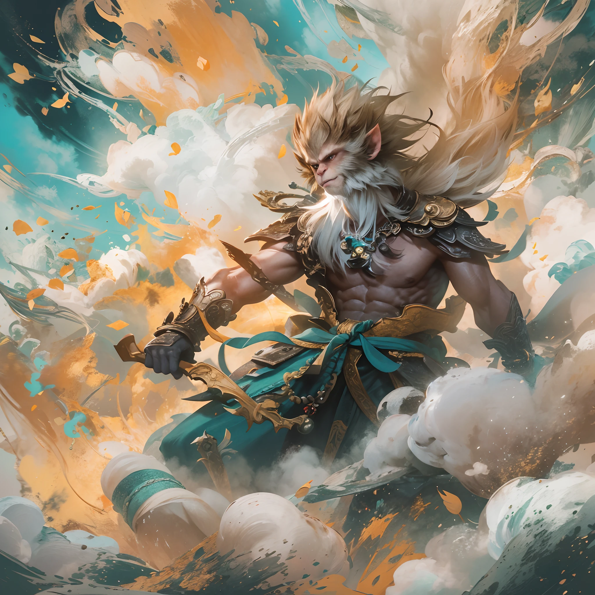 Colorful clouds,Dancing in the sky, wukong \(black myth\), Ink painting style, Clean colors, decisive cutting, White space, freehand brushwork, Soft lighting,dreamy glow, ( Bokeh),Masterpiece, Super detailed, Epic composition, Highest quality, 4K,