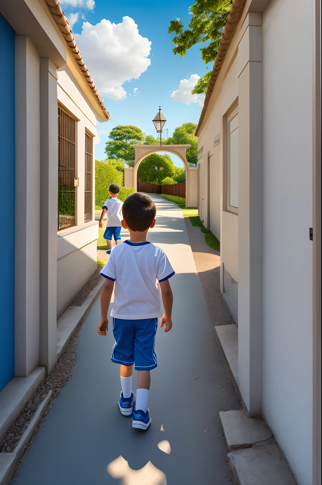 the full body of a child wearing a white T-shirt and blue pants and blue sneakers, wearing a school uniform, walking through the entrance to the gate of a children's school, under a blue sky with few clouds. .: detailed, hyper-realistic, 16k --auto --s2