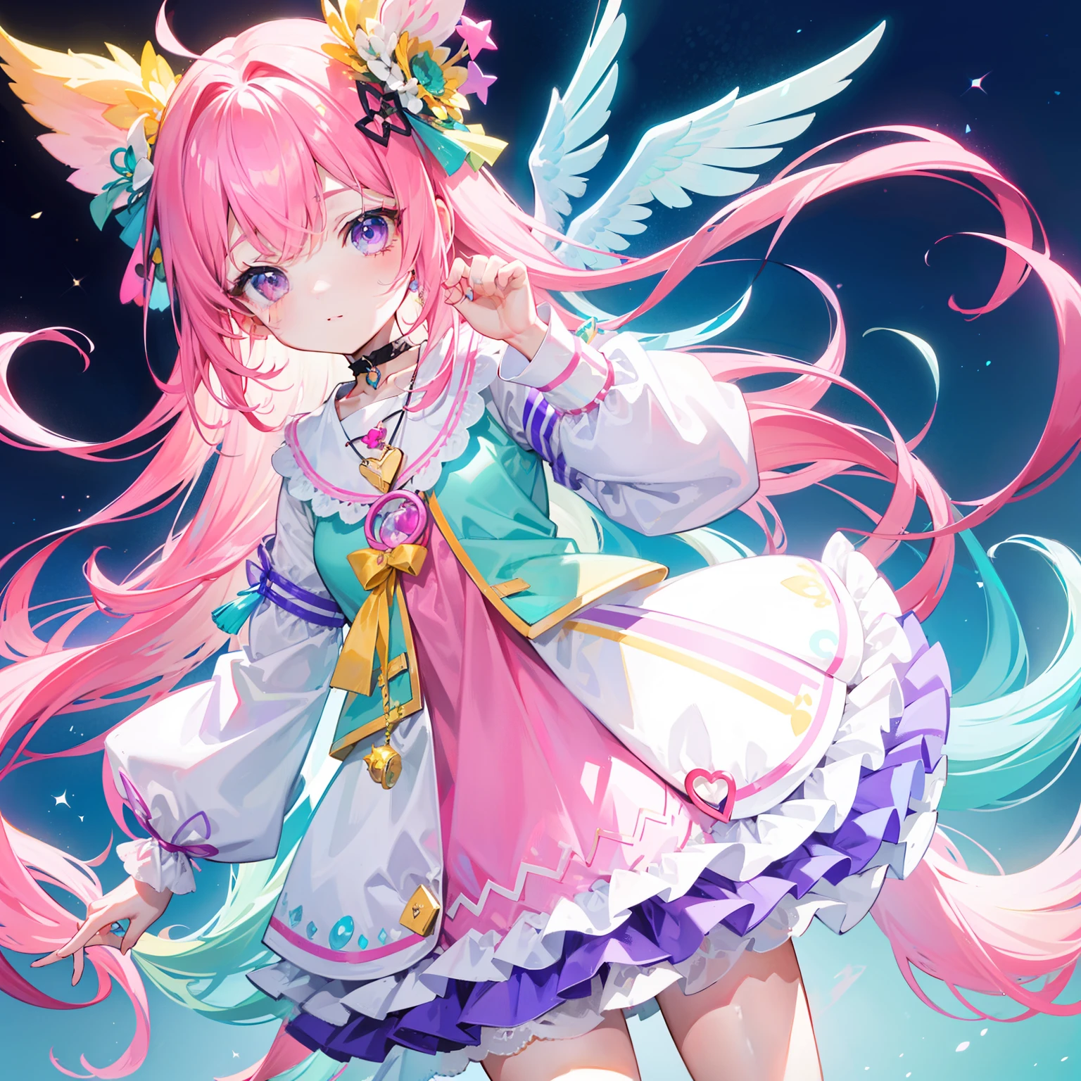 Colorful light background,long whitr hair,Has a bright pinkish-purple transparent gum texture,In pink、Wear yours with blue and white,yellow and greens,Cyan matching accessories pendant decoration,This is a very sweet and sweet loli girl