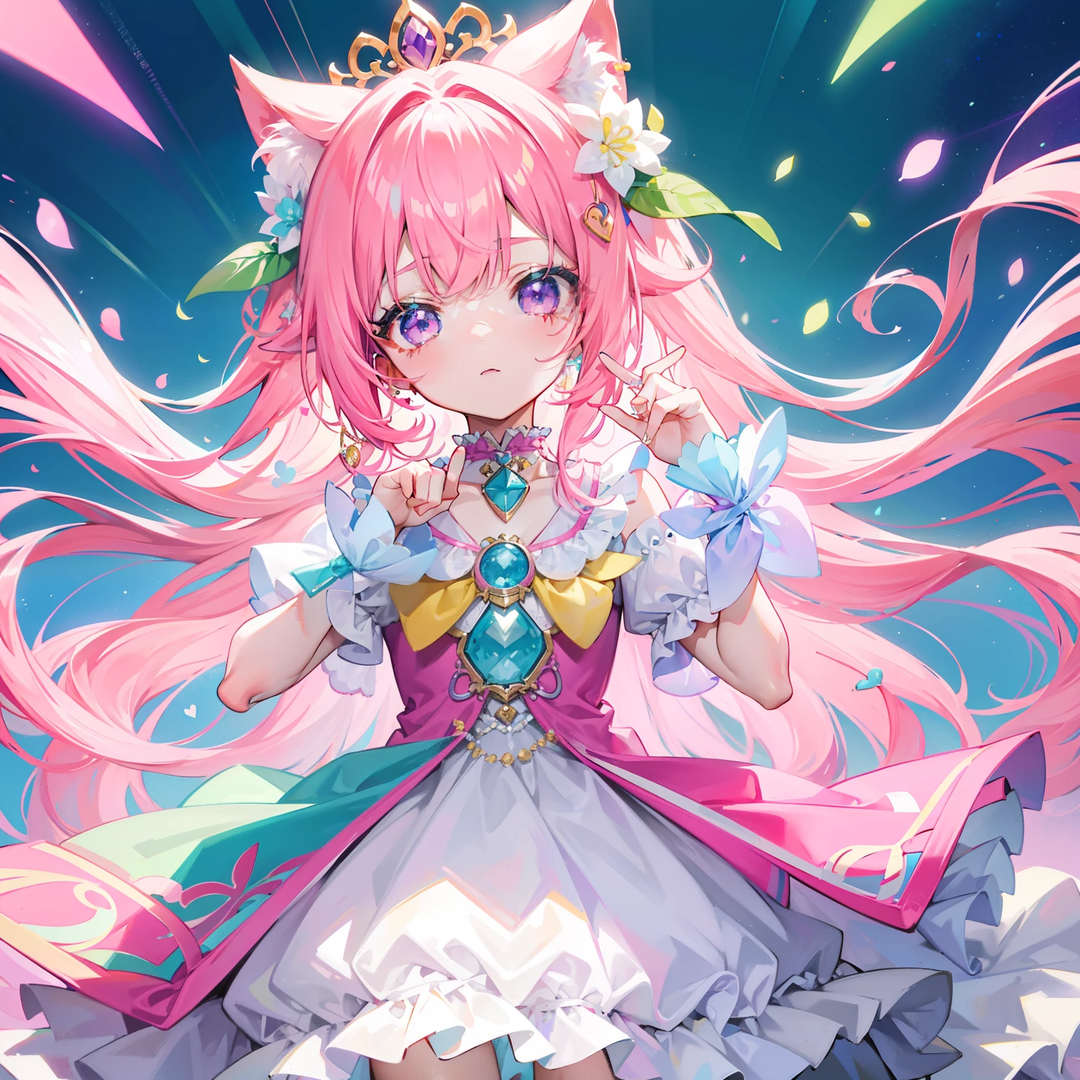 Colorful light background,long whitr hair,Has a bright pinkish-purple transparent gum texture,In pink、Wear yours with blue and white,yellow and greens,Cyan matching accessories pendant decoration,This is a very sweet and sweet li girl
