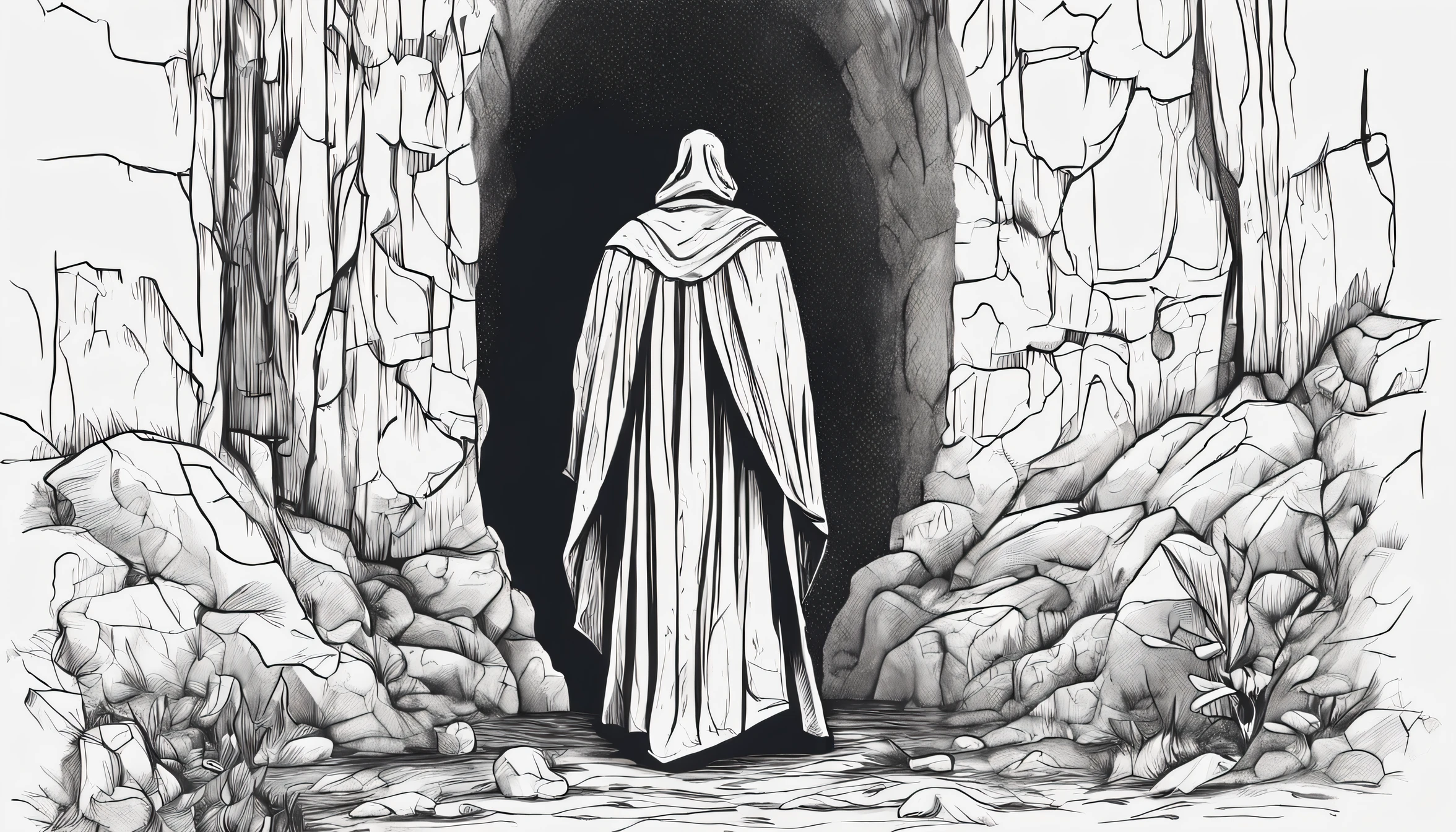 MAKE THE HAND-DRAWN IMAGE OF A MAN IN A CAPE TALKING TO A GHOST AT THE ENTRANCE OF A CAVE.