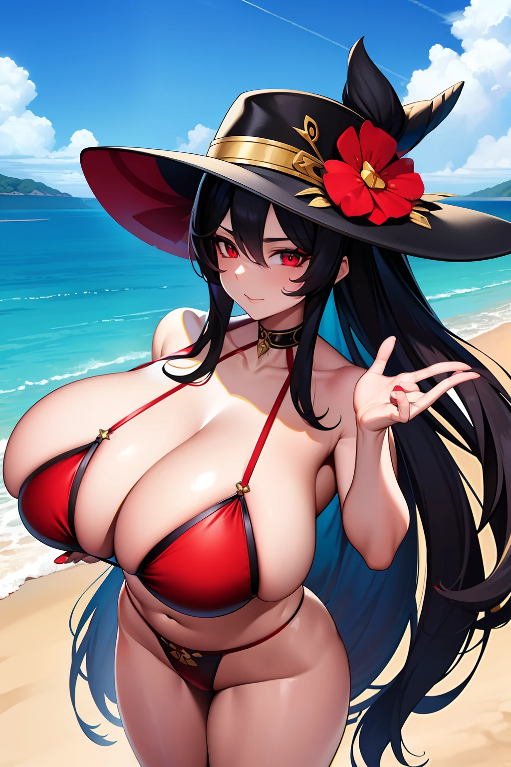 2d, tmasterpiece, best qualtiy, anime big breast, highly detailed eye, Highly detailed face, highly detailed back ground, perfect litthing, cowboy lens, 1girll, 独奏, standing on your feet, beachside,Bikini style,huge boob,hu tao\(genshin impact\), pupils in symbol shapes, flower shaped pupils, Hats, red flower, red eyes, SakuraNS,
