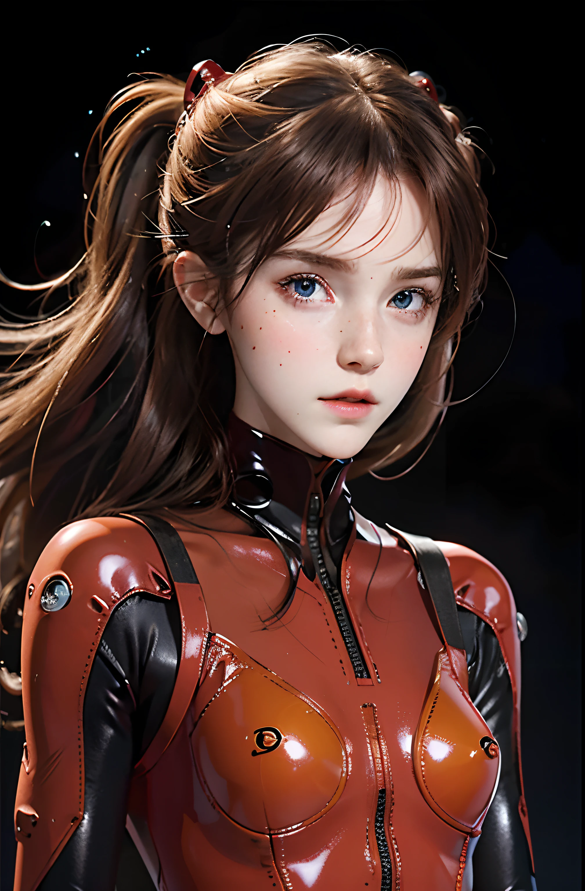 (real)))) Photos, (Full body:1.1)), Best quality, 1 female, Long legs, ultra detailed face, Detailed lips, Detailed eyes, Double eyelids, Beautiful face, Beautiful eyes, Blue eyes, black eye patch on left eye, (red bodysuit, red latex), (glossy), Delicate clothing wrinkles, ((cameltoe)), ((erect)), Twin tails, Thin waist, Best quality, pale skin, Su-Liu Aska Langle, Plug suit 02, see through, black background, (face and eye details:1.1), self-righteous, blush, ((shy)), very delicate and beautiful girl, perfect anatomy,pose, (to8 contrast style), (Emma Watson:1.2), breasts,