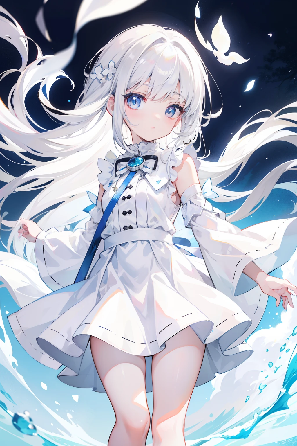 1 girl with long white hair,warmly lit,white dresses,Blurred foreground,Legs crossed, Best anime 4k konachan wallpaper, style of anime4 K, Girl with white hair, Anime art wallpaper 8 K, Anime art wallpaper 4 K, Anime art wallpaper 4k, white haired Cangcang,High ponytail,Portrait of a girl in a flower,Clean face,Light blue background,