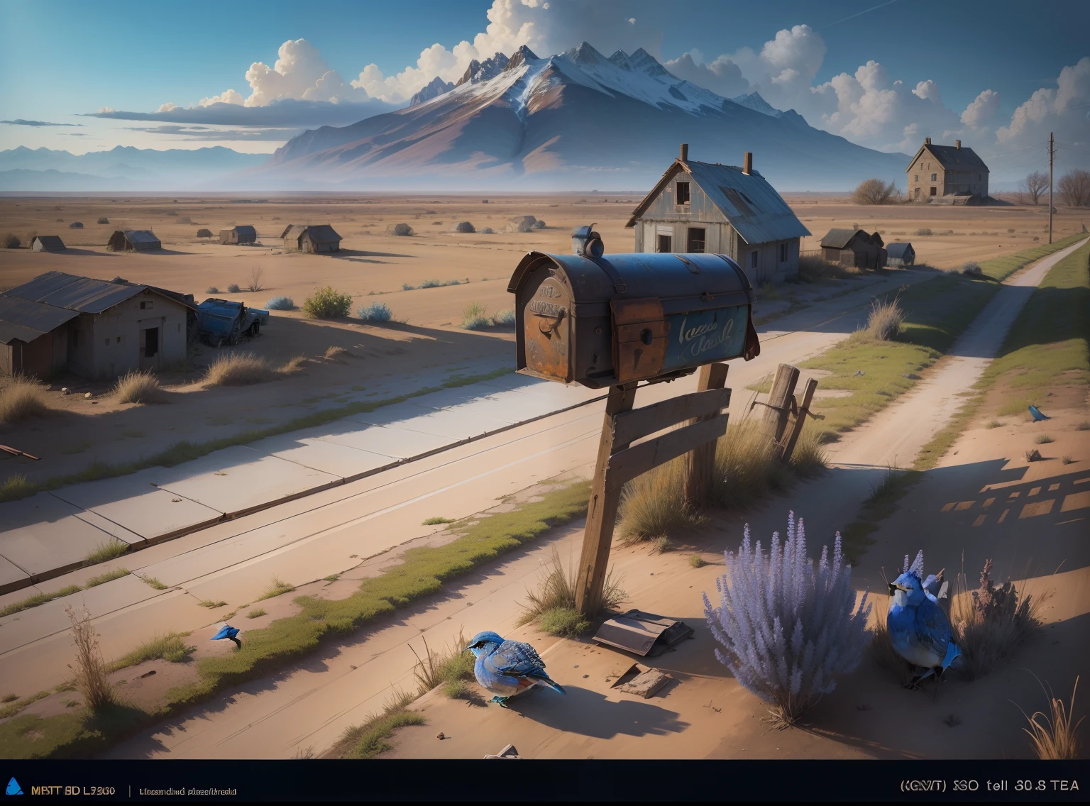 (western bluebird painted on an old rusty mailbox in Trompe l'oeil art style), in a dry abandoned field of old farm house, the bluebird is painted al a Trompe l'oeil style, 24k resolution, hyperdetailed, photorealistic artistry, mailbox is laying on the ground discarded.