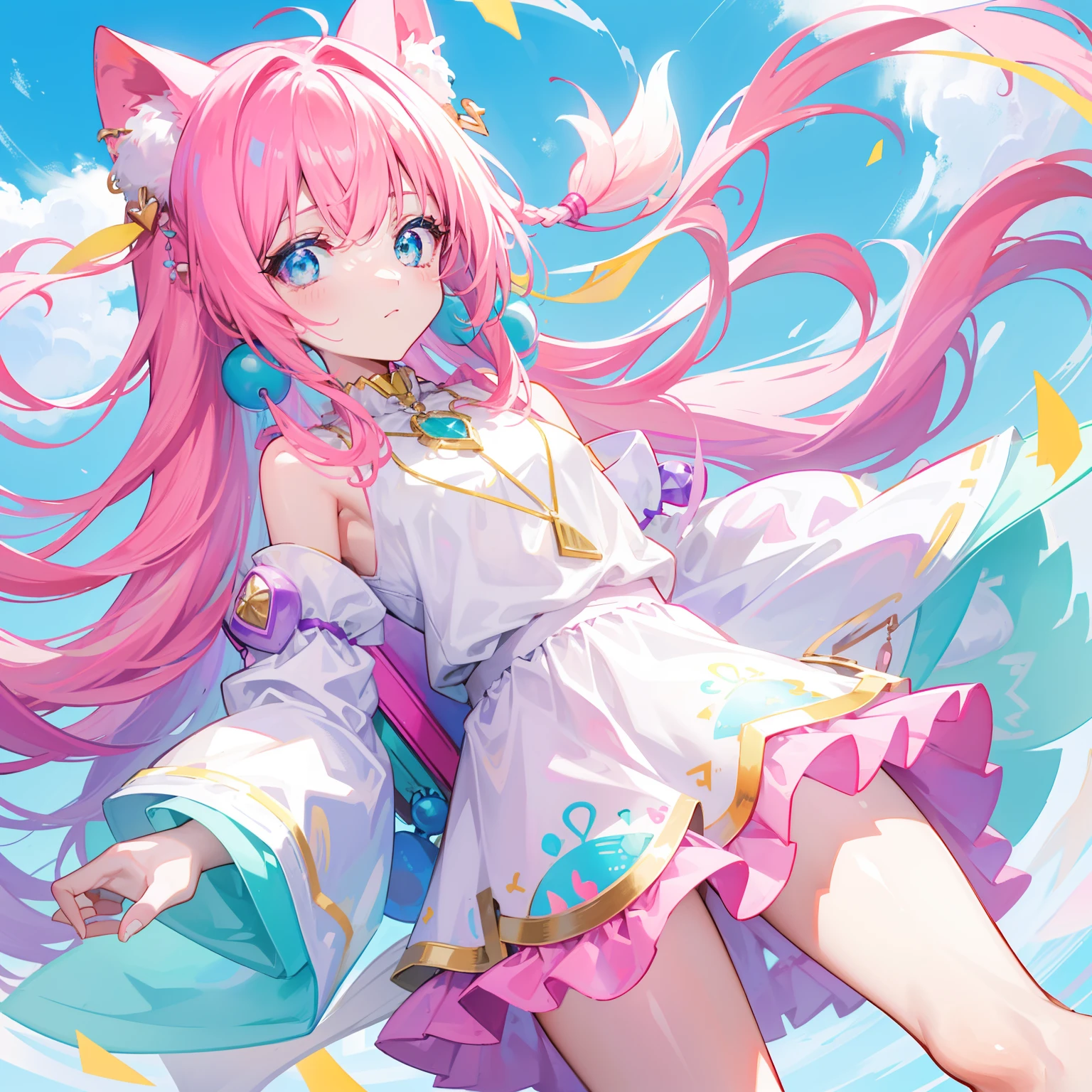 Colorful light background，long whitr hair，Has a bright pinkish-purple transparent gum texture，In pink、Wear yours with blue and white，yellow and greens，Cyan matching accessories pendant decoration，This is a very sweet and sweet loli girl