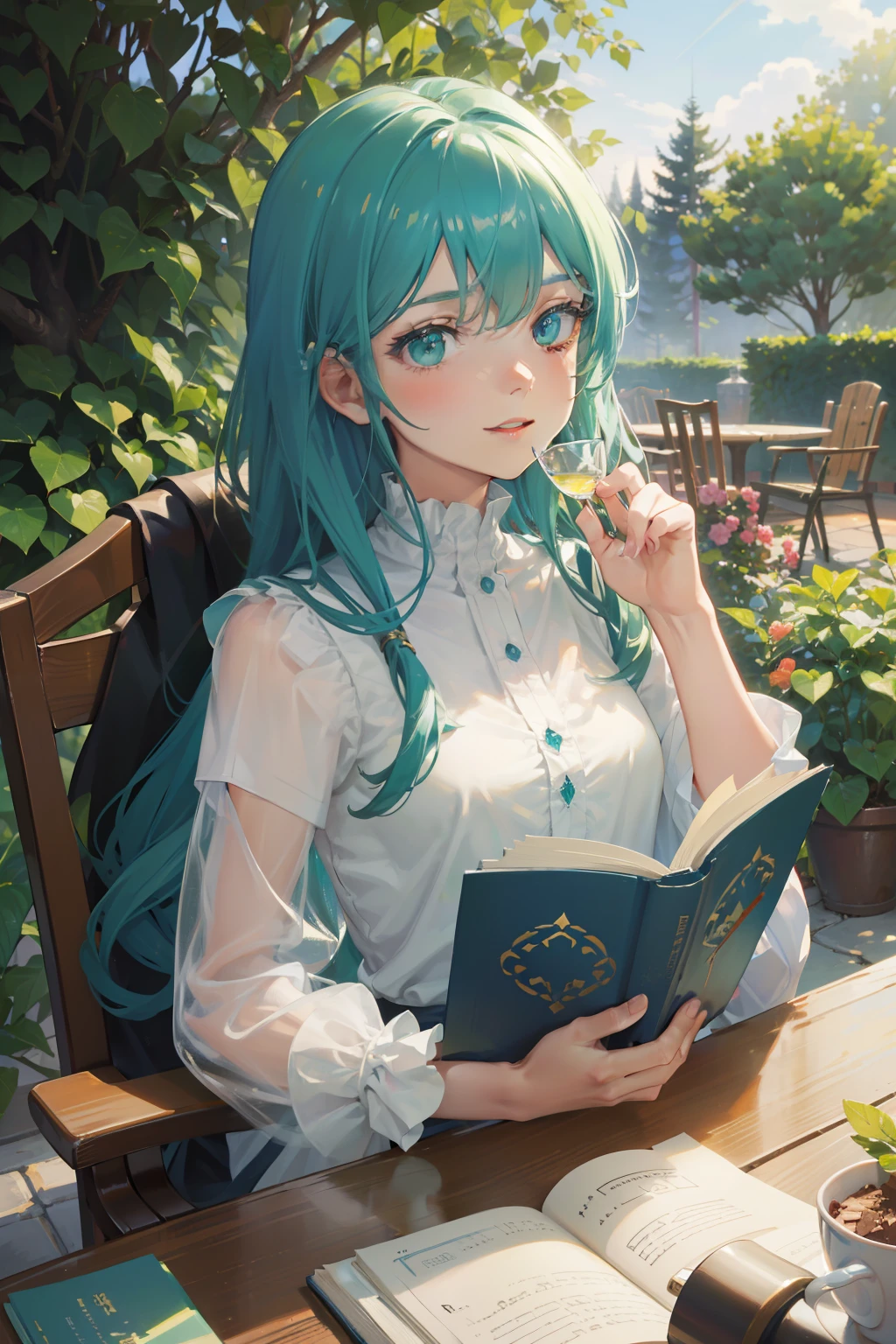 (Best quality), (masterpiece), (ultra detail), (movie poster), A cute girl, highly detailed face, determined face, green crystal eyes, blue hair, upper body, very long and waved hair, gorgeous hair, large green crystal eyes, enjoying cozy time reading a book in the garden terrace seat of cut cafeteria, detailed back ground, a lot of sun shine droplets, colorful rays of sunshine, accompanied by a cut small cat on the table,