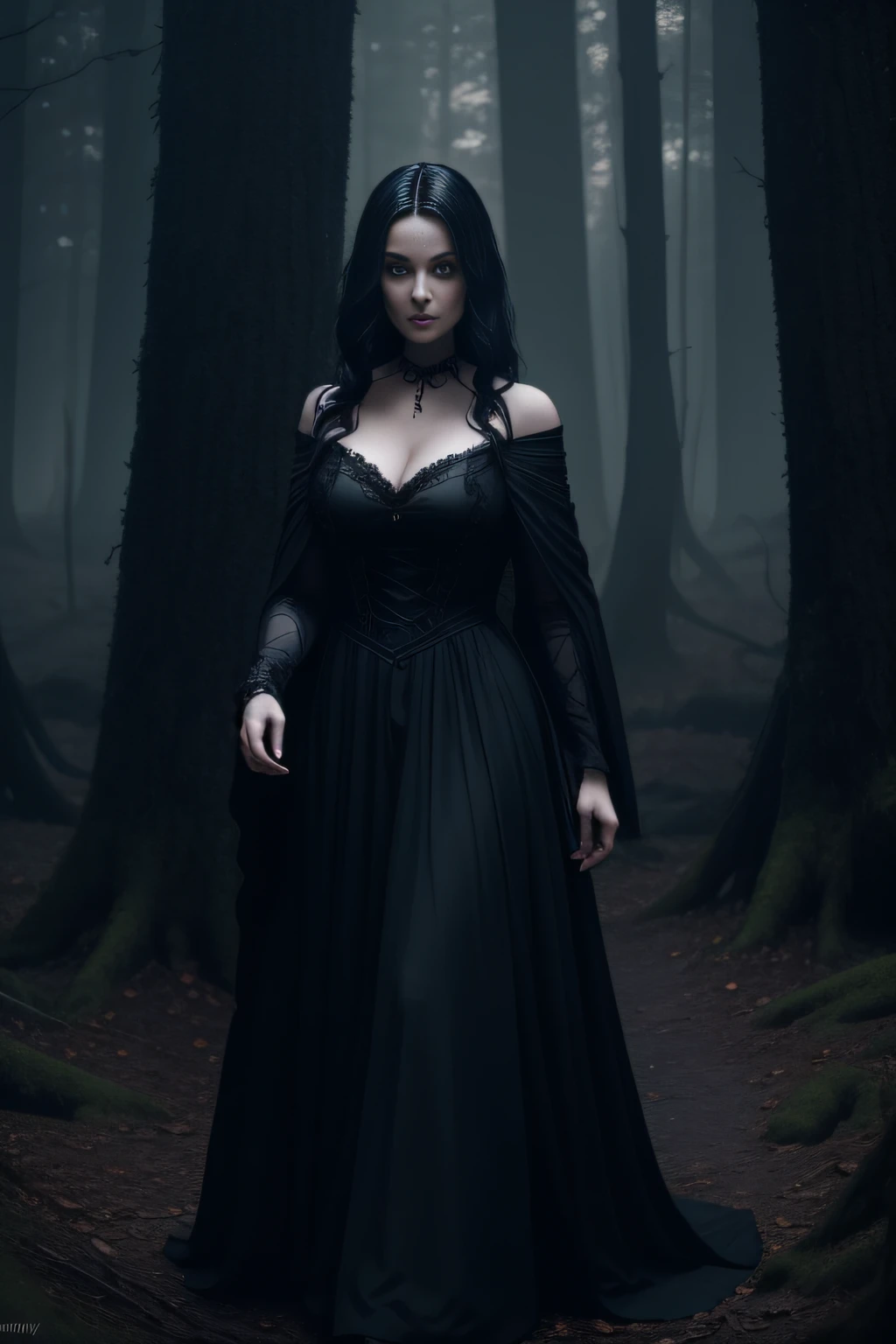 close-up shot of a stunningly attractive goth in a dress walking in a forest during a coven ritual, night, in the style of fantasy landscapes, , concept art, modern day era, matte painting, lovecraftian
