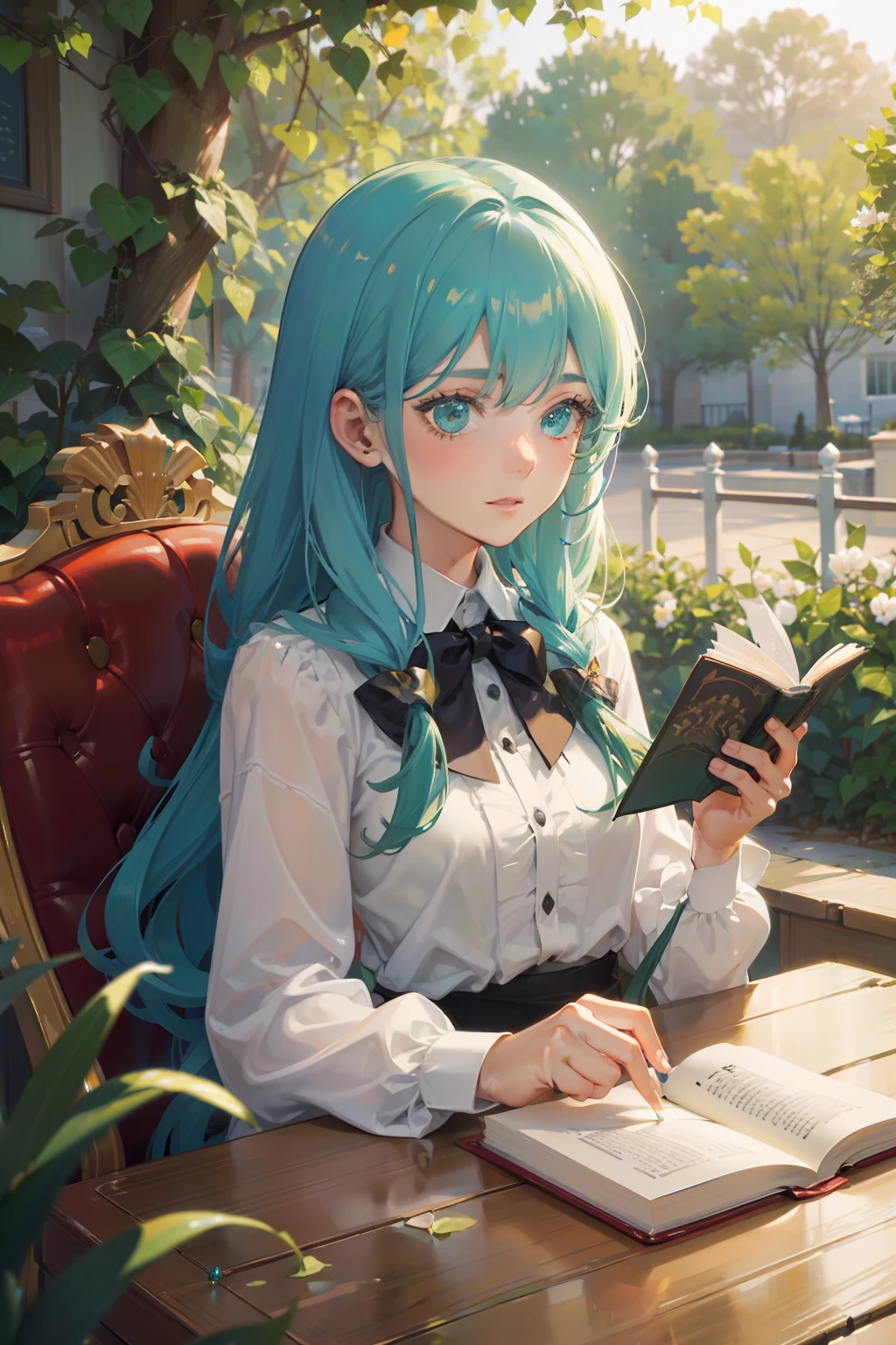 (Best quality), (masterpiece), (ultra detail), (movie poster), A cute girl, highly detailed face, determined face, green crystal eyes, blue hair, upper body, very long and waved hair, gorgeous hair, large green crystal eyes, enjoying cozy time reading a book in the garden terrace seat of cut cafeteria, detailed back ground, a lot of sun shine droplets, colorful rays of sunshine, accompanied by a cut small cat on the table,