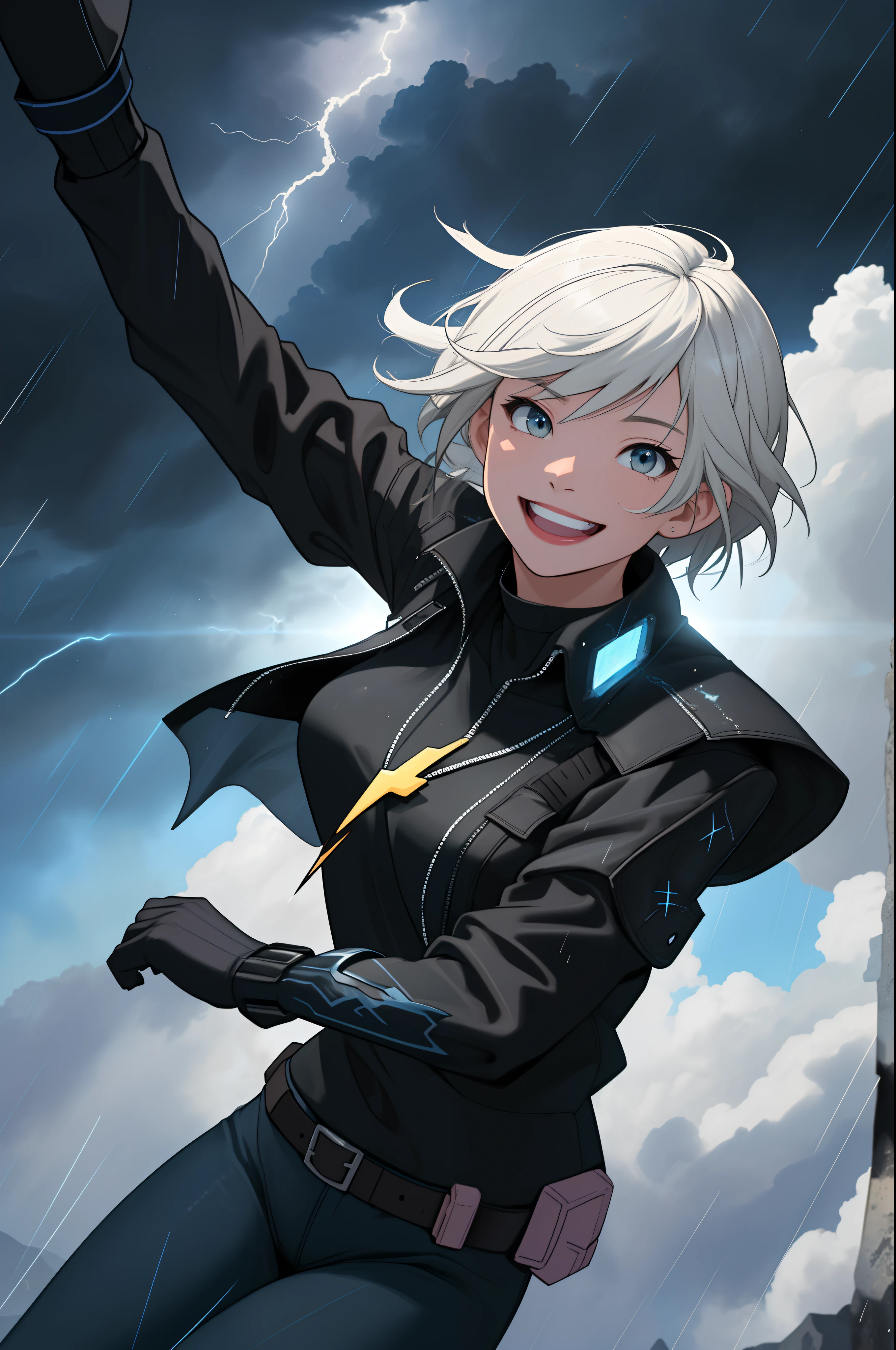 Superhero, well-rendered face, flying through the sky, smiling, dodging bullets, meteor falling on the planet, blue clouds, lightning, rain, sunlight, black clothes, lined body, blue clouds, meteor shower