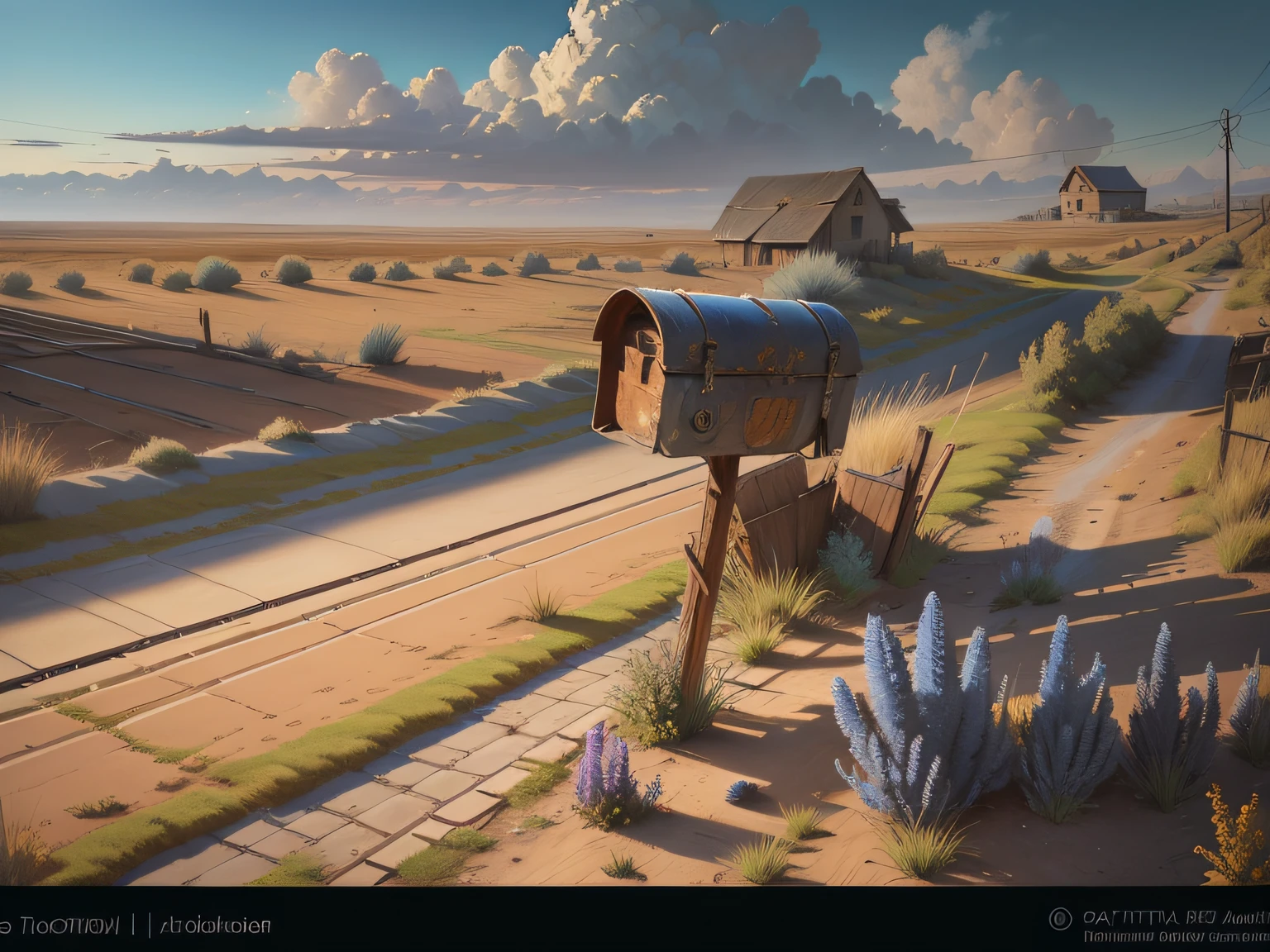 western bluebird painted on an old rusty mailbox in Trompe l'oeil art style, in a dry abandoned field of old farm house, the bluebird is painted al a Trompe l'oeil style, 24k resolution, hyperdetailed, photorealistic artistry, mailbox is laying on the ground discarded.