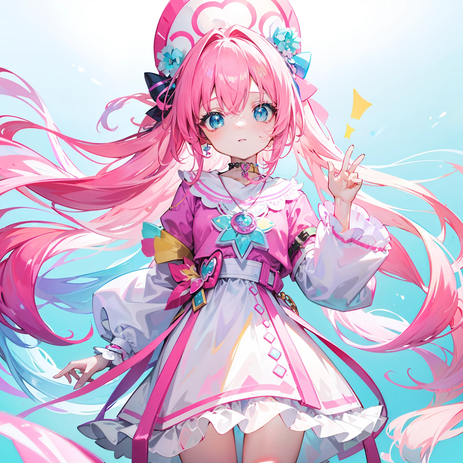 Colorful light background,long whitr hair,Has a bright pinkish-purple transparent gum texture,In pink、Wear yours with blue and white,yellow and greens,Cyan matching accessories pendant decoration,This is a very sweet and sweet loli girl