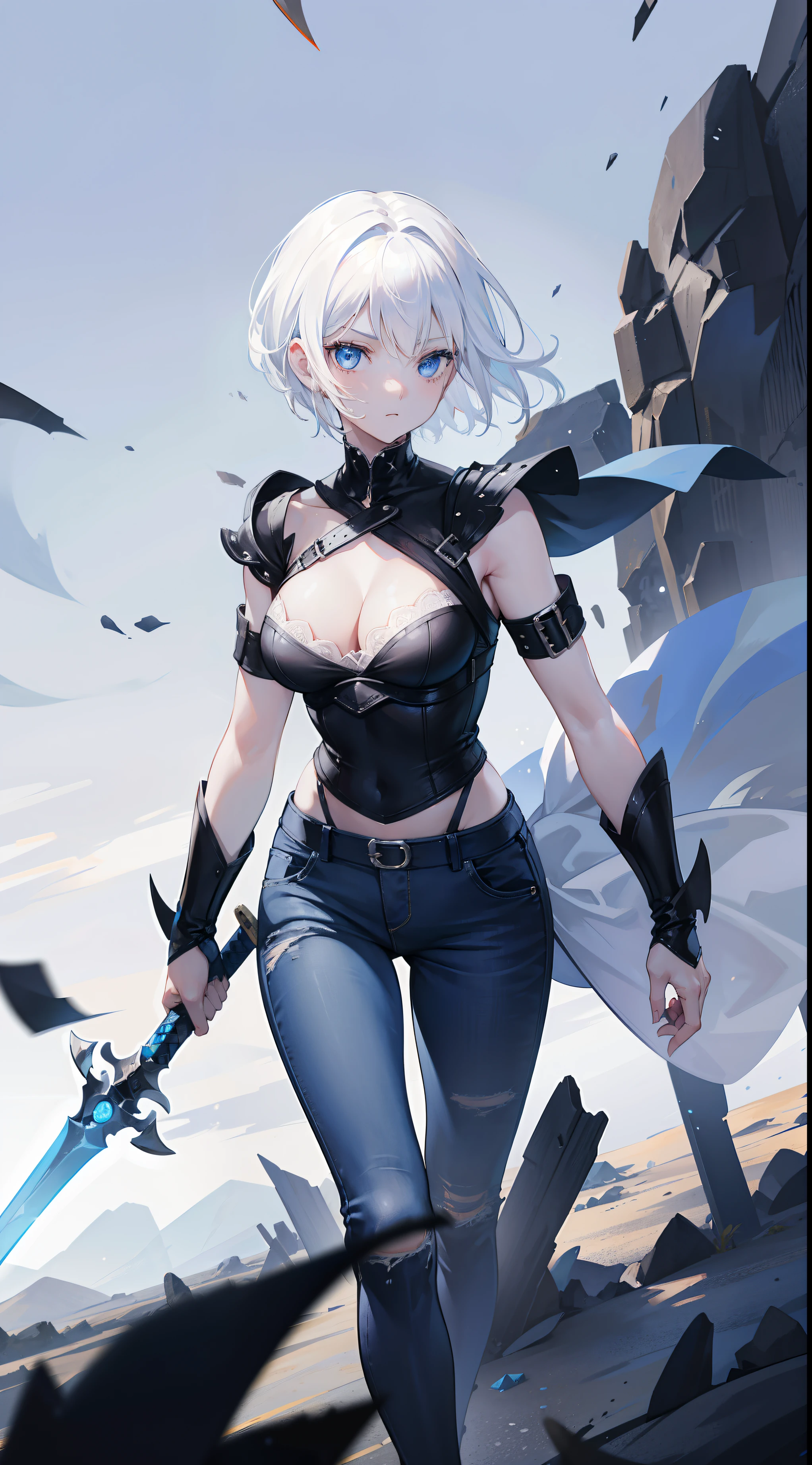 1 girl, white hair, black bra, blue eyes, blue jeans, short hair, holding a sword, walking in a desert, night time, masterpiece, ultra sharp, super realistic, ultra quality, raining. Two arms, two legs, three swords