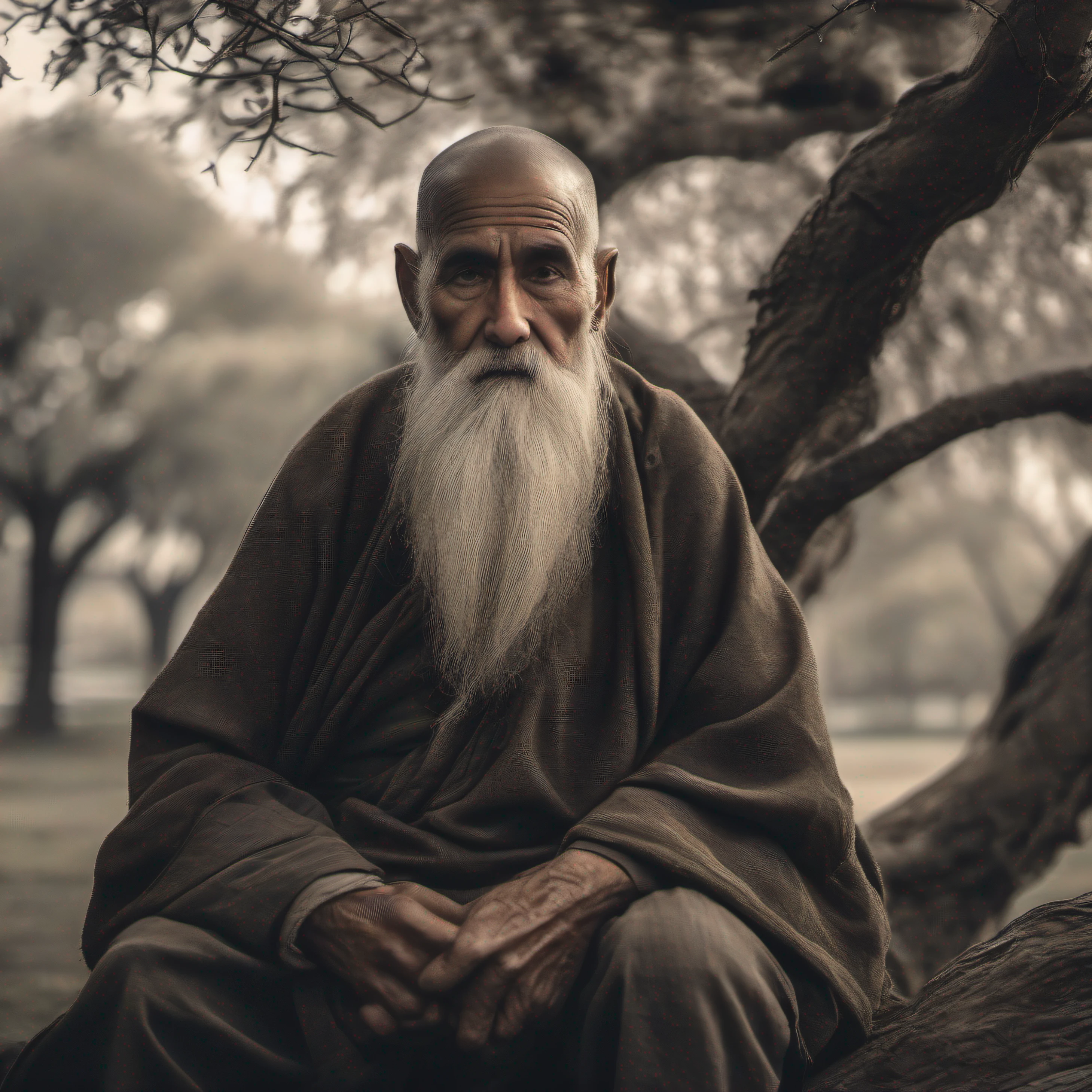 with a long beard, Arafeld man, An old man, old man portrait, sharp looking portrait, Wise old man, old man, a old man, Serene expression, portrait of monk, of an old man, Portrait of an old man, Perfectly centered portrait, Sit under the old locust tree, Gloomy environment, Facing the camera squarely